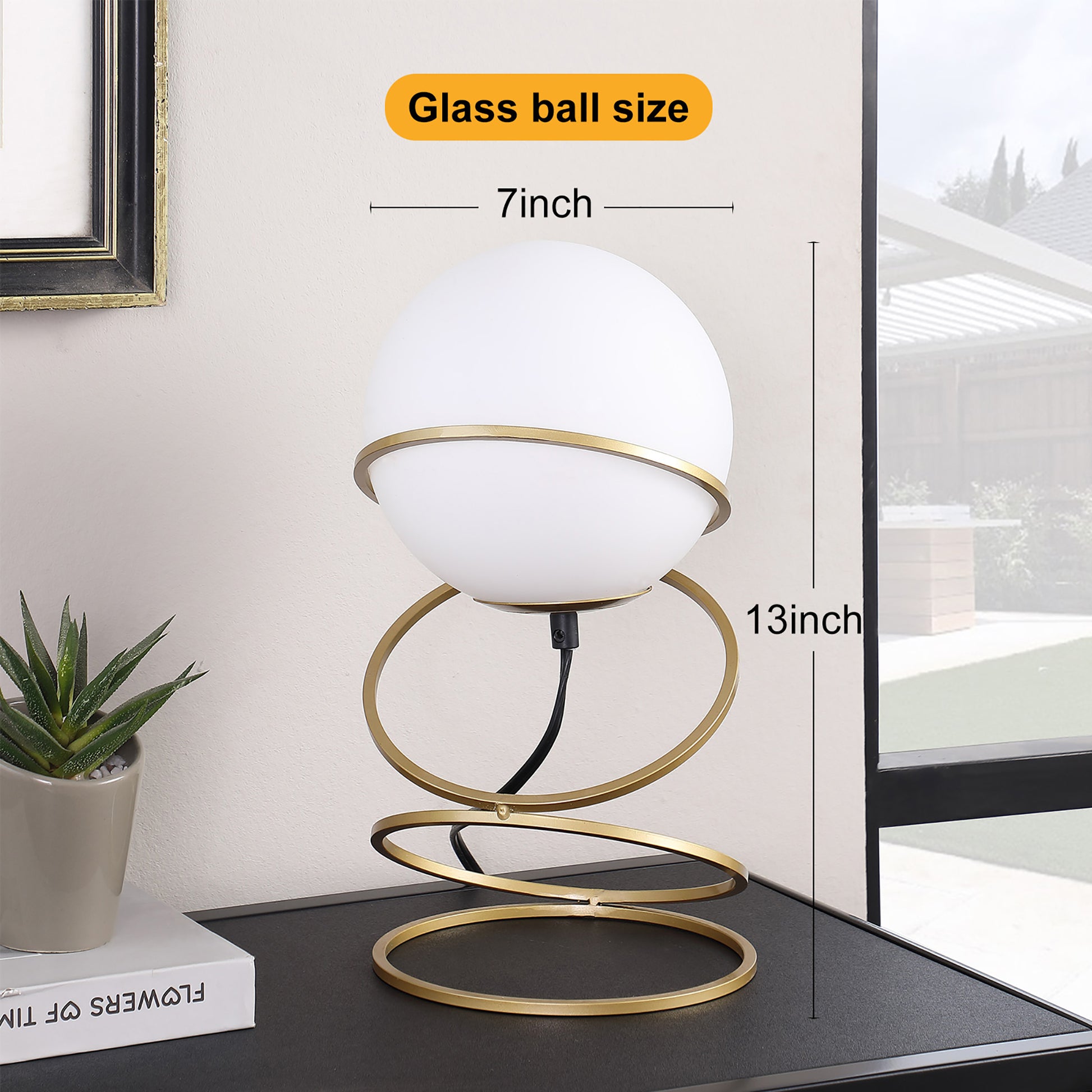 13.5" H Glass Globe Matte Gold Spiral 4 Ring Metal Stand Table Lamp For Living Room, Nightstand Bedside Table Lamp For Bedroom, Led Lamp Gold White Glass Metal