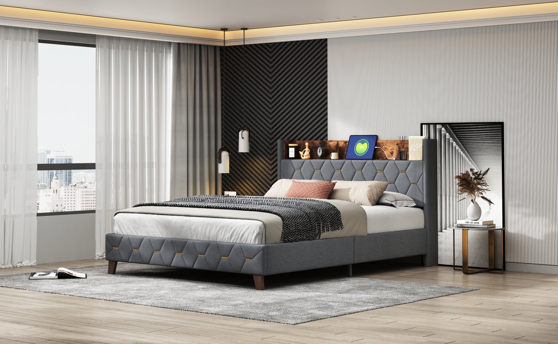 Gray Full Bed With Elegant Gold Metal Buttons, Built In Usb Ports, Phone Storage Pocket, And Spacious Headboard Shelving Sturdy Frame Supports Up To 300 Lbs,Mattress Not Included Box Spring Not Required Full Aqua Grey Abs