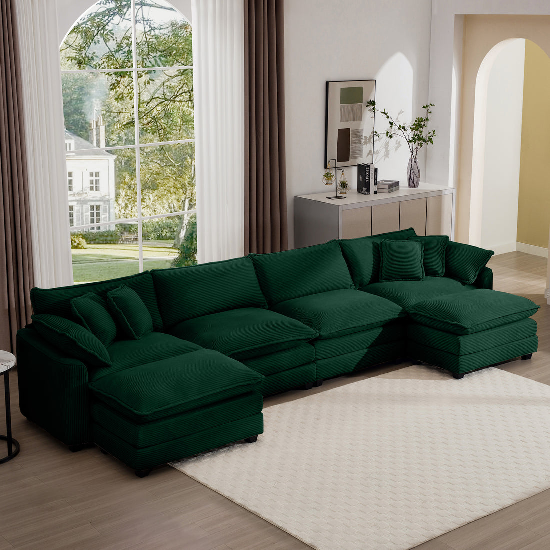 Corduroy Sofamodern Upholstered 4 Seater With 3 Footstools Corduroy Fabric Sofaoffice Living Room Apartment Comfortable Sofa, Easy To Assemble With 2 Arm Pillows And 4 Throw Pillows Green Corduroy 4 Seat