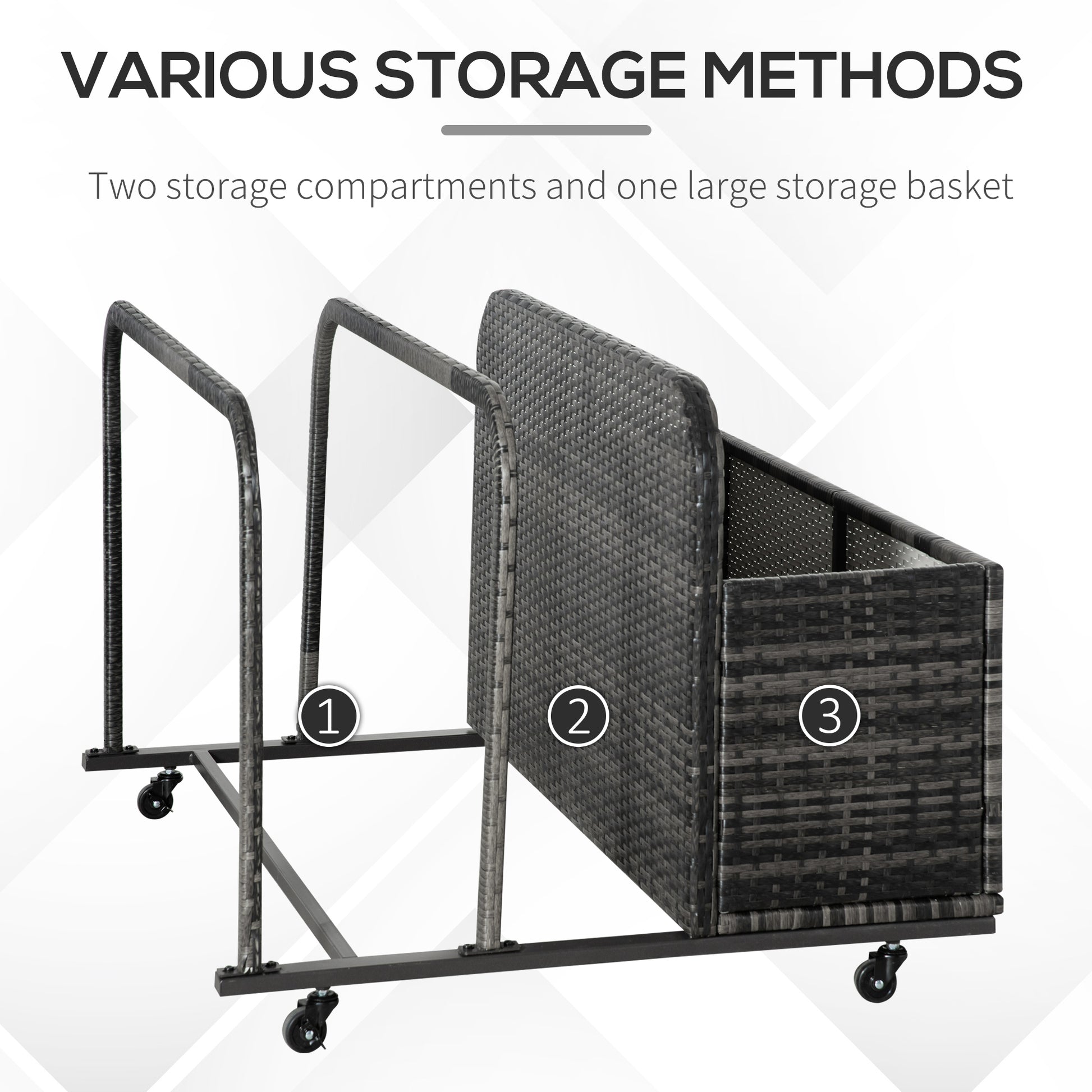 Outsunny Wicker Patio Poolside Float Storage Basket, Pe Rattan Outdoor Pool Caddy With Rolling Wheels For Floaties, Noodles, Life Vests, Beach Balls, Toys, Grey Gray Steel