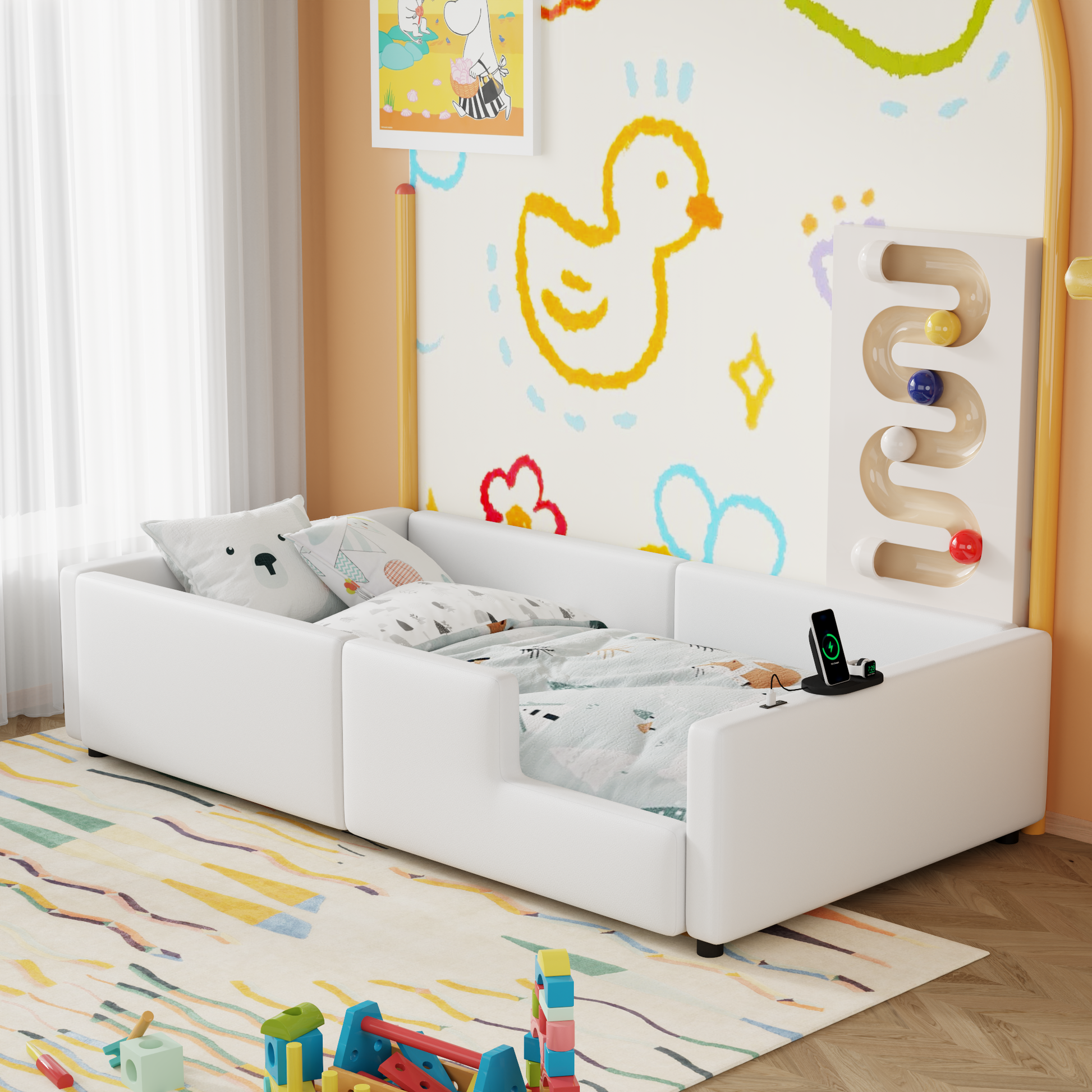 Twin Size Upholstered Platform Bed With Guardrail And Charging Station, White Box Spring Not Required Twin White Upholstered