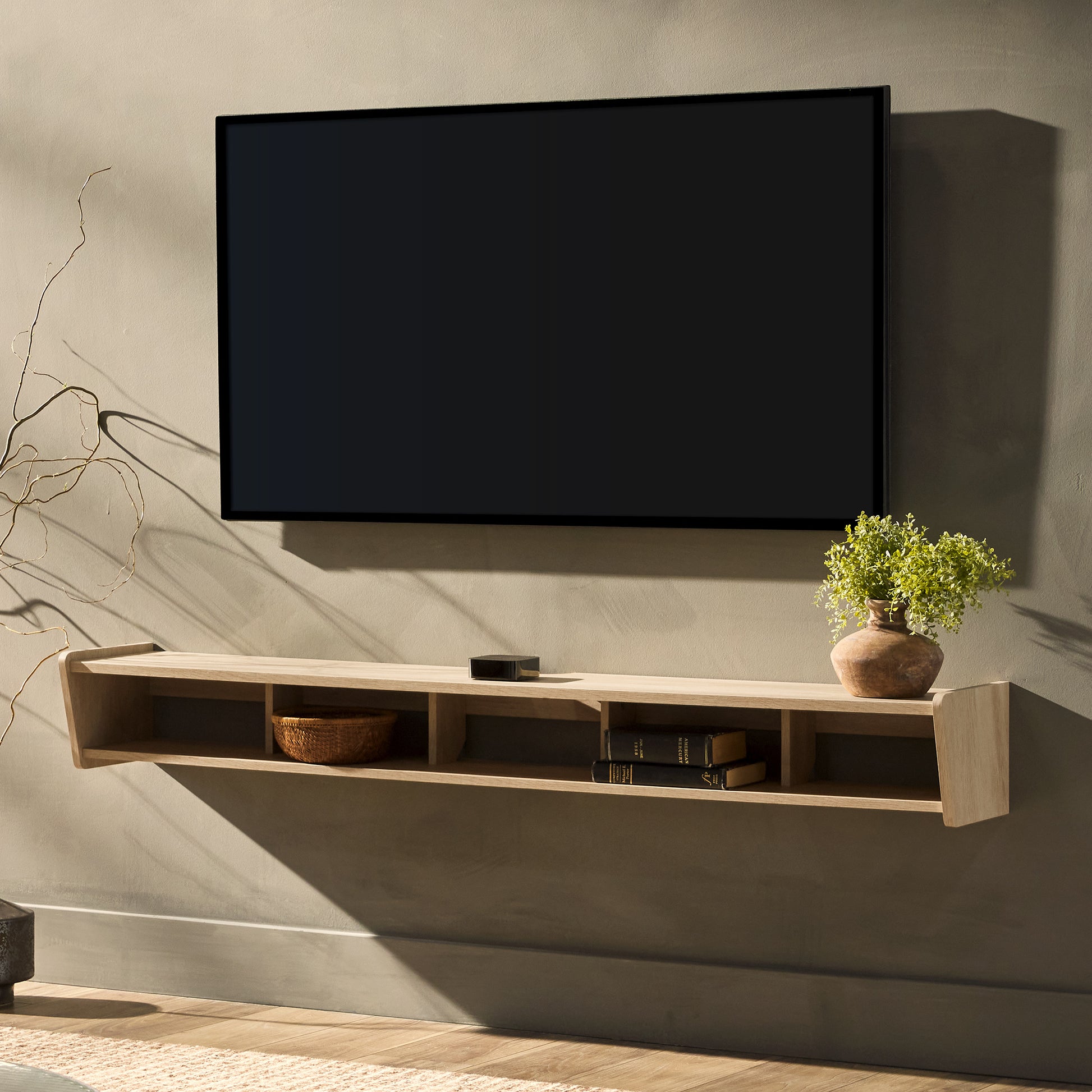 Modern Wall Mounted Floating Tv Stand Coastal Oak Light Brown 60 69 Inches Mdf Mdf