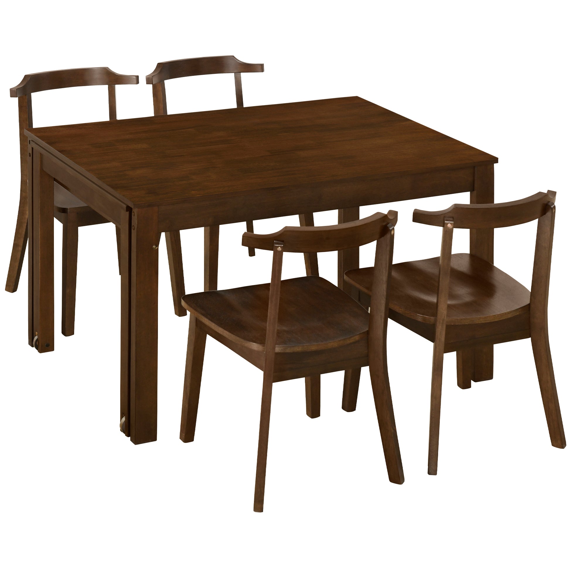 Farmhouse 65" 5 Piece Extendable Dining Table Set With Wheels Kitchen Table Set With 17.7" Pull Out Side Table And Dining Chairs For Small Places, Brown Wood Wood Brown Solid Back Wood Dining Room Solid Wood Rubberwood Rectangular Rectangular Dining