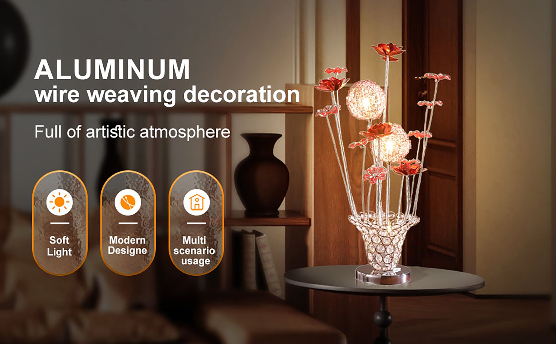 Aluminum Golden Rose Copper Silver Wire Bud Flower Bud Table Lamp For Living Room, Nightstand Bedside Table Lamp For Bedroom, Led Lamp Multicolor Aluminium