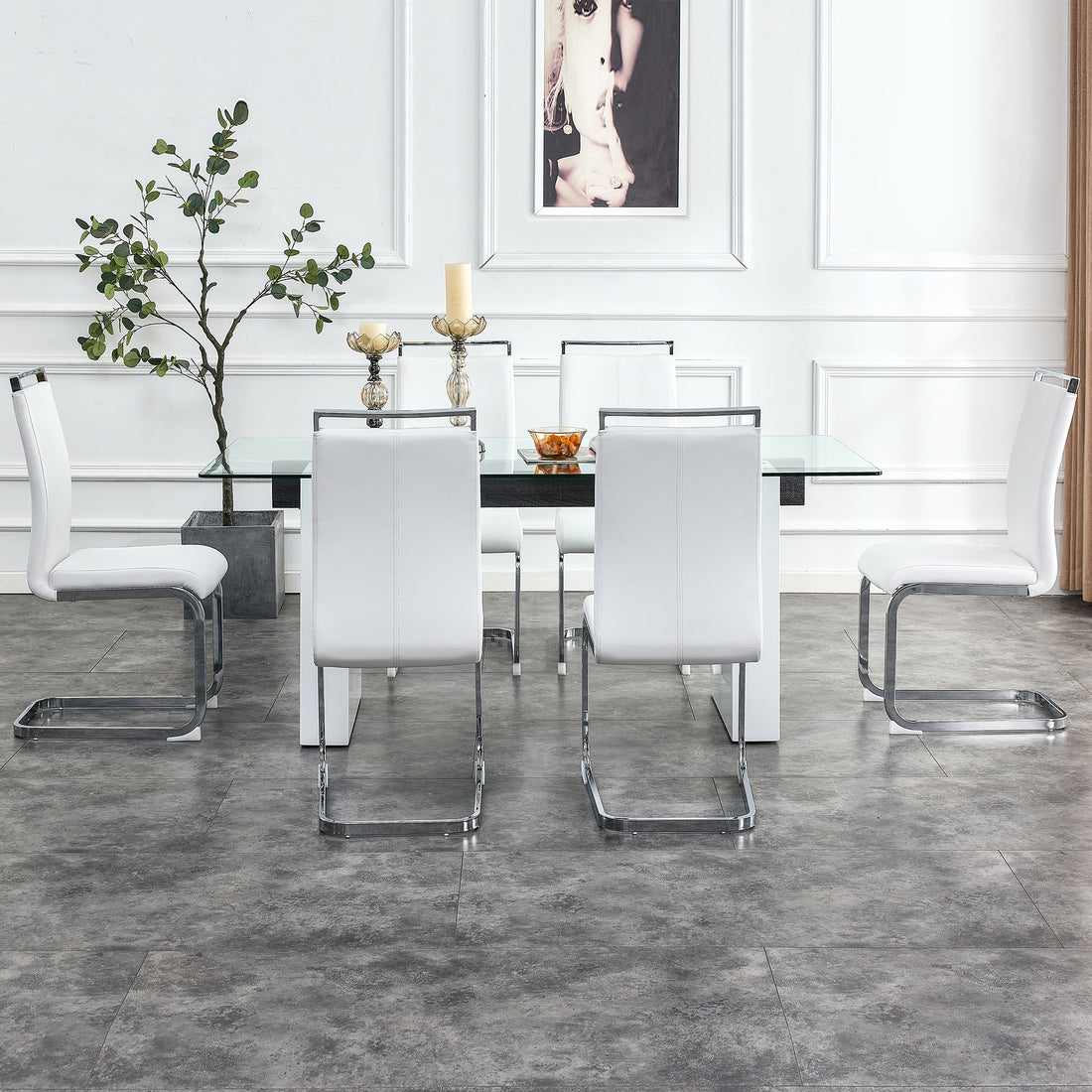 Table And Chair Set. Large Modern Rectangular Table With Glass Top And Large Mdf Legs. Comes With 6 Chairs With Faux Leather Upholstered Seats And Silver Metal Legs. White Seats 6 Mdf Glass