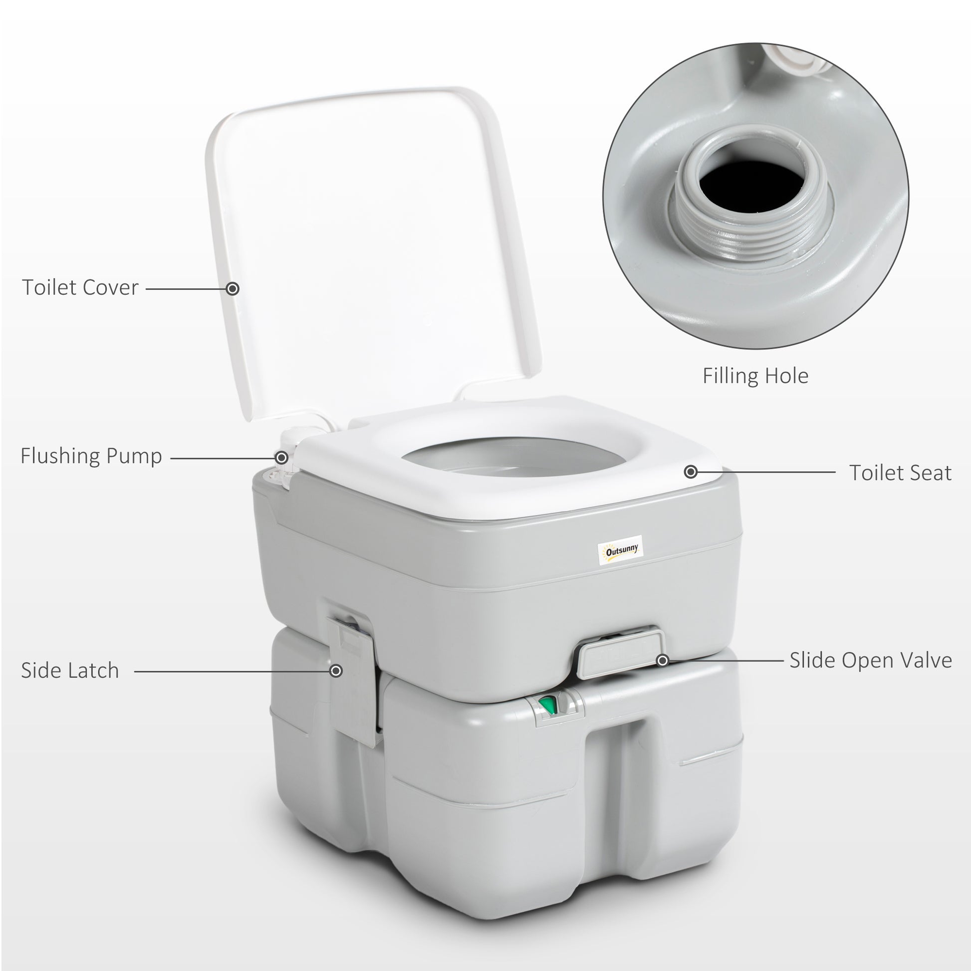 Outsunny Portable Toilet For Adults 5.3 Gallon, Porta Potty With Level Indicator, T Type Water Outlets And Anti Leak Handle Pump For Camping, Boating, Hiking, Travel, Rv Grey Hdpe