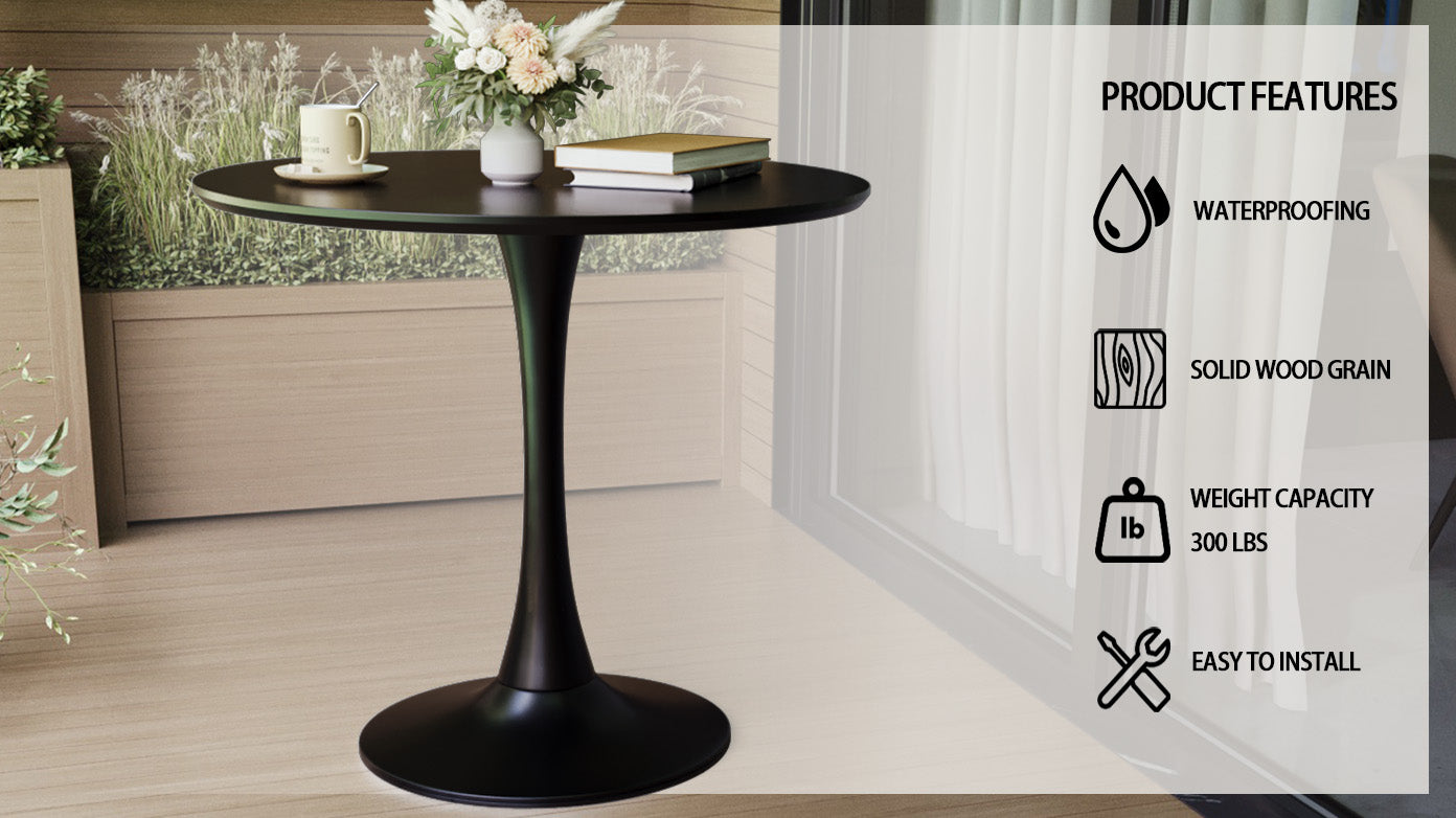 Black Circular Dining Table, 31.5 "Tulip Dining Table, Kitchen Dining Table For 2 4 People, Mdf Tabletop And Base, And 2 Black Pu Black Metal Leg Dining Chairs Set 2 Black Mdf