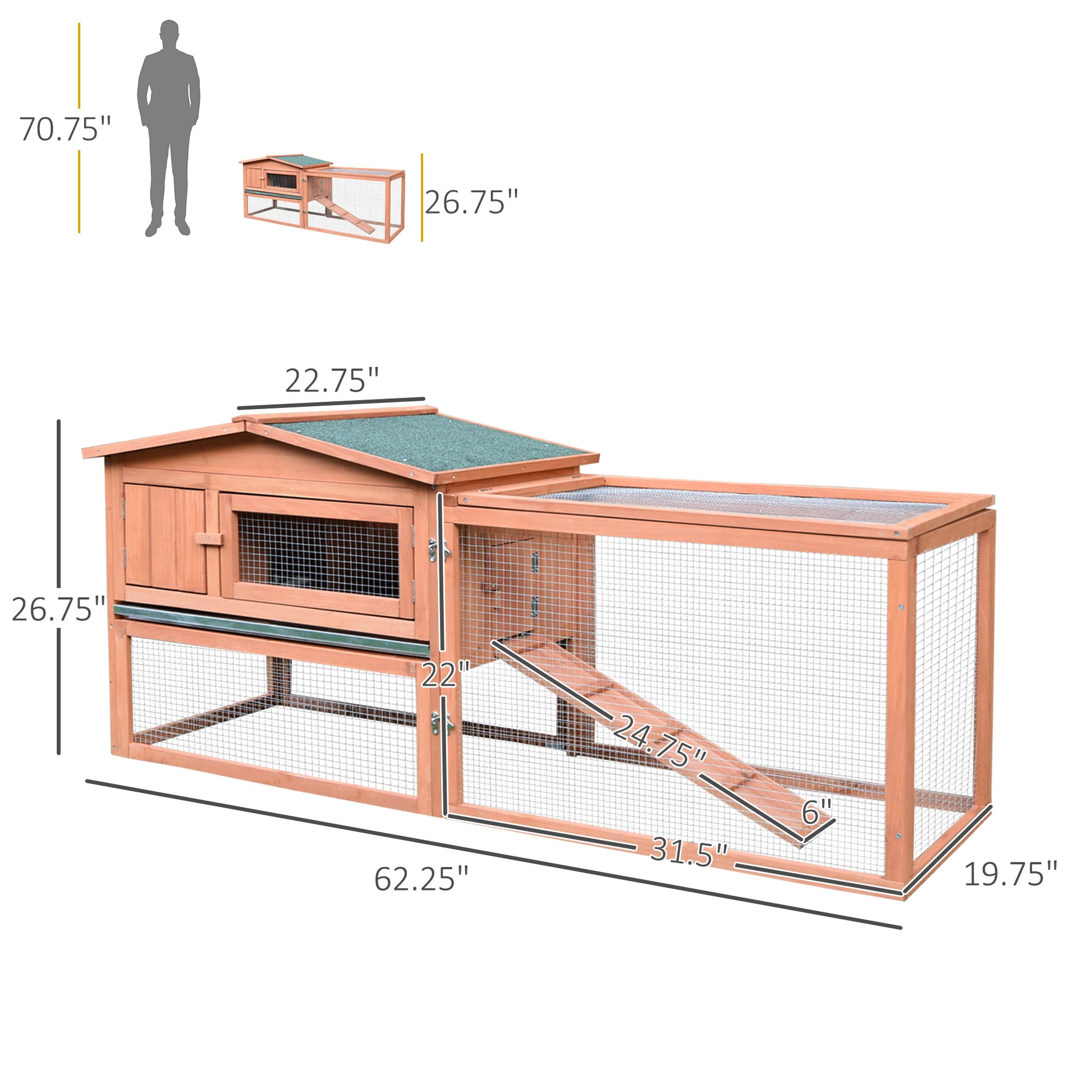 Pawhut Rabbit Hutch 2 Story Bunny Cage Small Animal House With Slide Out Tray, Detachable Run, For Indoor Outdoor, 61.5" X 23" X 27", Natural Natural Wood Wood