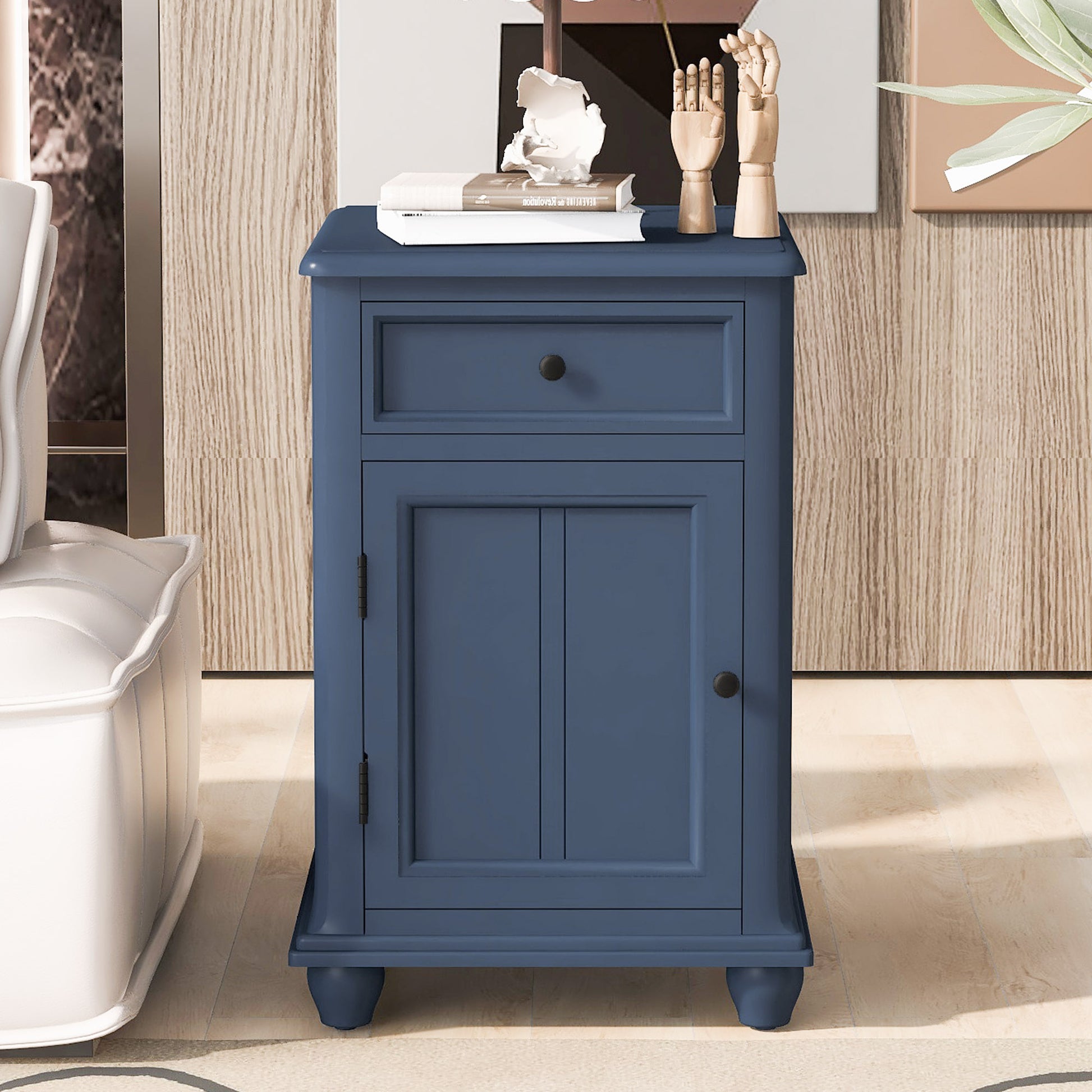 End Table With Solid Wood Legs, Side Table With Usb Ports, 1 Storage Cabinet And 1 Drawer For Living Room, Antique Navy Antique Navy Solid Wood Mdf