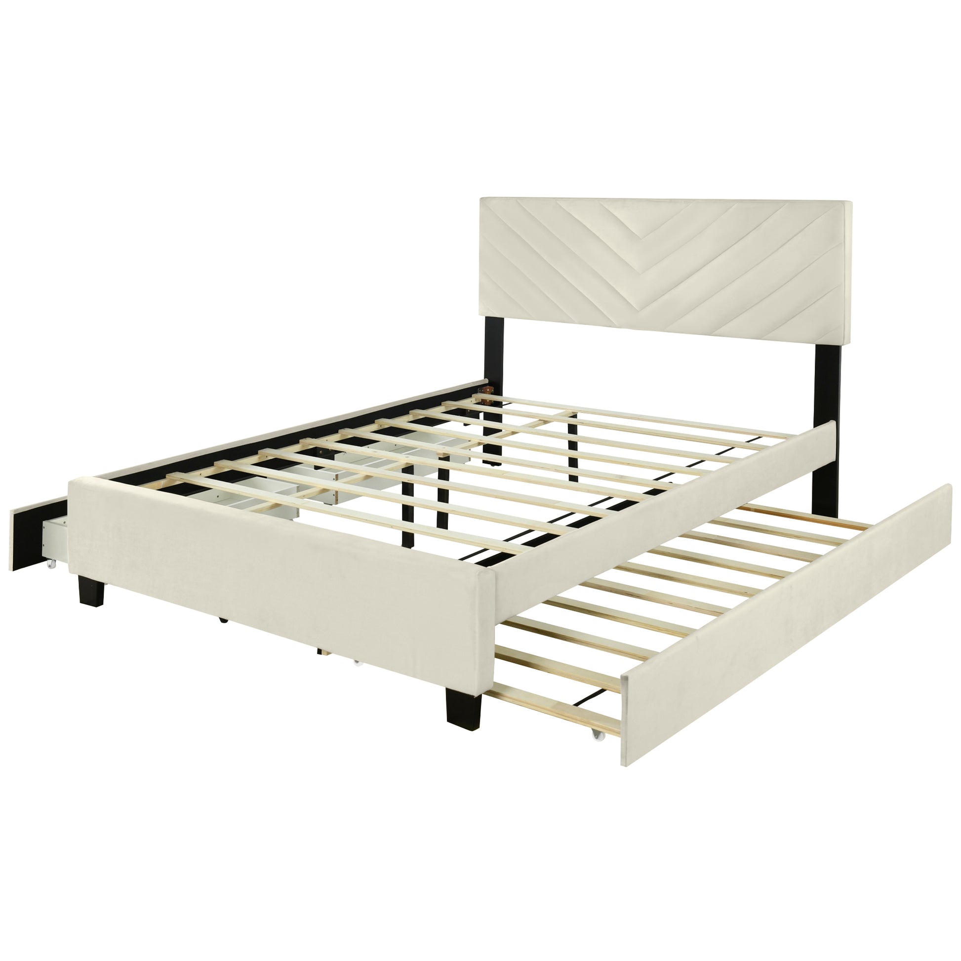 Queen Size Upholstered Platform Bed With Twill Headboard, Pullout Bed And Two Drawers, Flannel, Beige Queen Beige Mdf Lvl