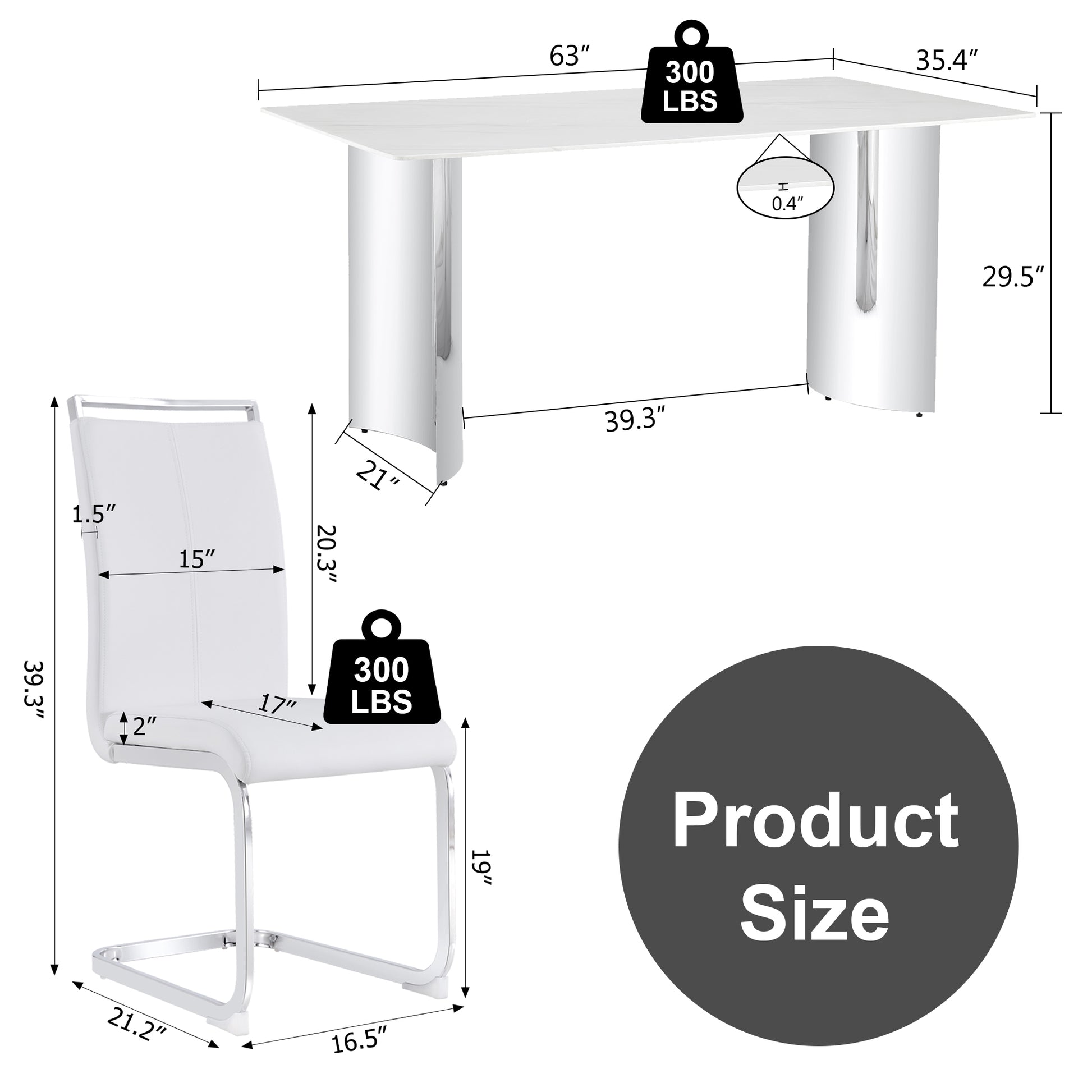 Modern Minimalist Dining Table. Imitation Marble Glass Sticker Desktop, Stainless Steel Legs, Stable And Beautiful. 4 White Pu Seats. 63 "* 35.4" * 29.5 "Dt 69 C 1162 Silver Glass