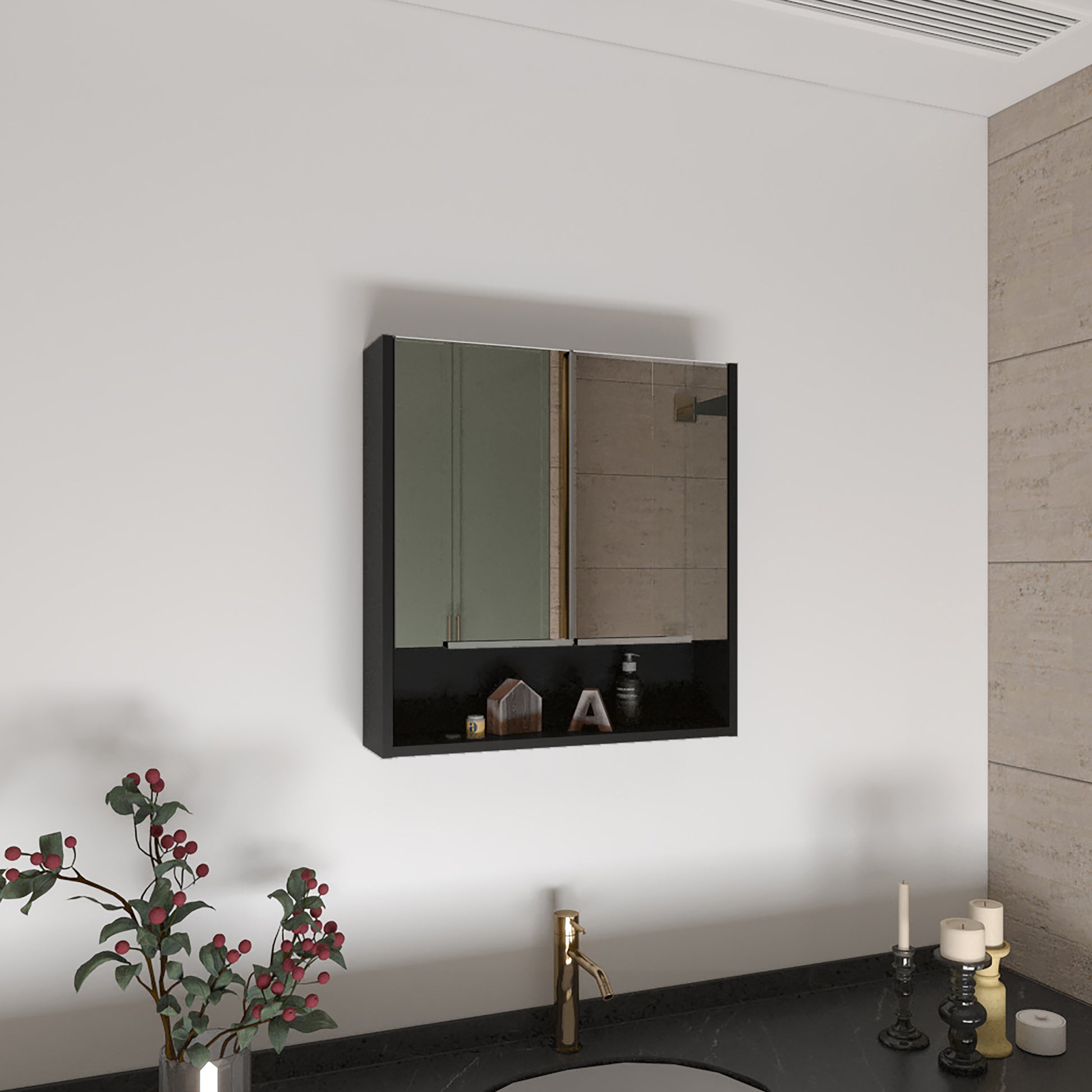 Ozark 24" Medicine Cabinet With Mirror, One Shelf Black 1 1 18 To 23 In 24 To 31 In Mirror Included Bathroom Wall Mounted Modern 5 10 Inches Melamine Engineered Wood