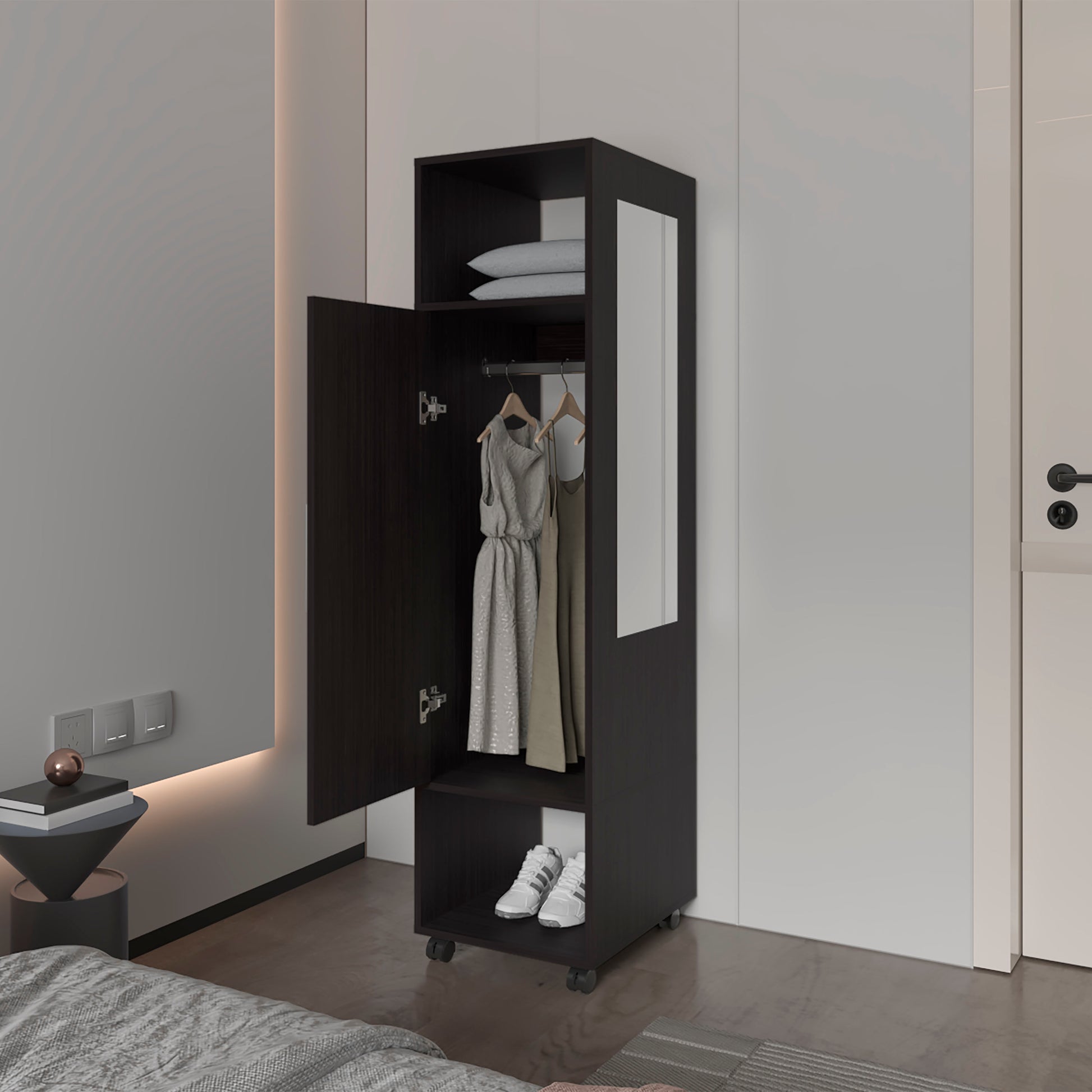 Summit Wardrobe In Melamine With Mirror,Door And Open Storage Black Bedroom Contemporary,Modern Pine Particle Board Melamine