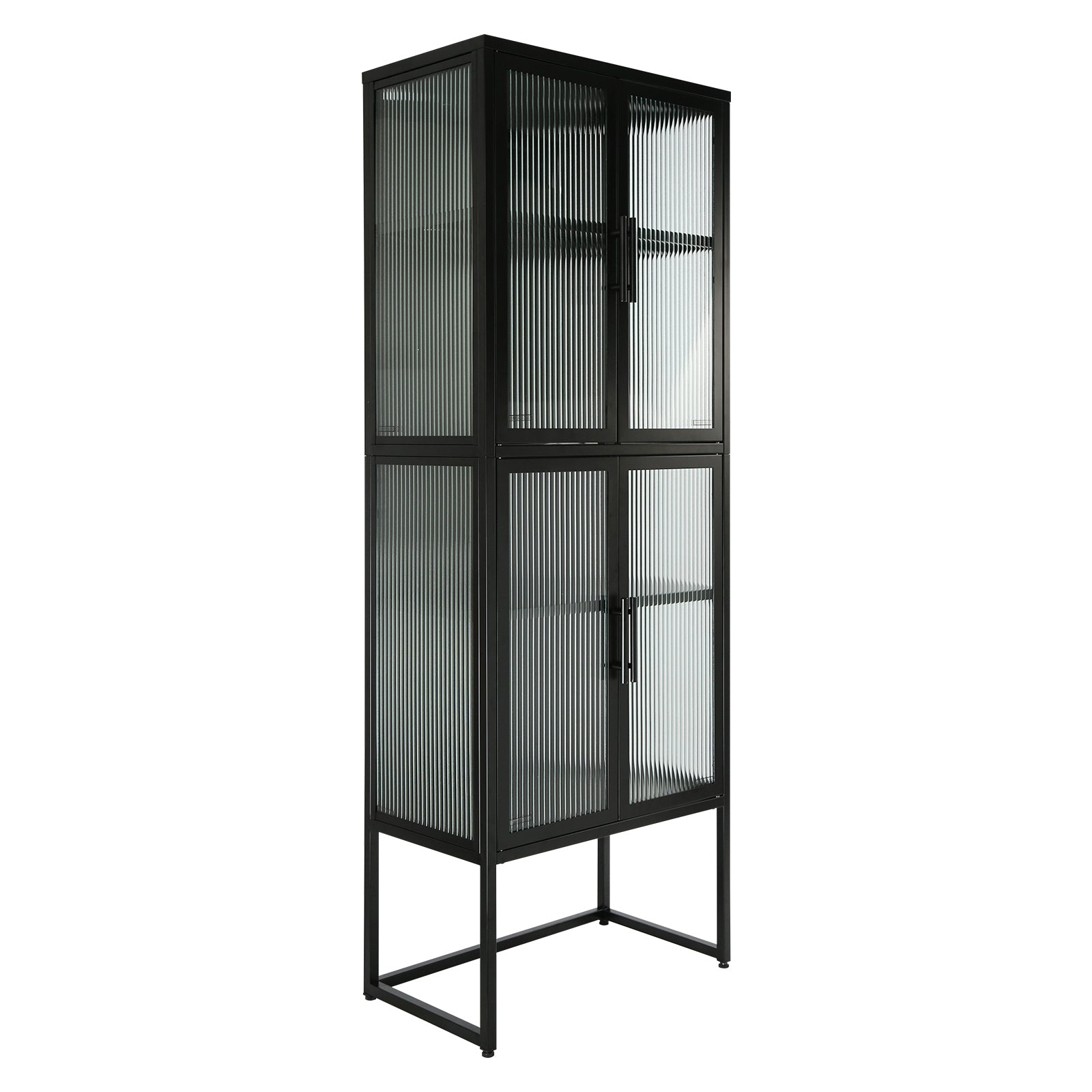 Stylish 4 Door Tempered Glass Cabinet With 4 Glass Doors Adjustable Shelves U Shaped Leg Anti Tip Dust Free Fluted Glass Kitchen Credenza Black Black Tempered Glass Sheet Metal Plastic