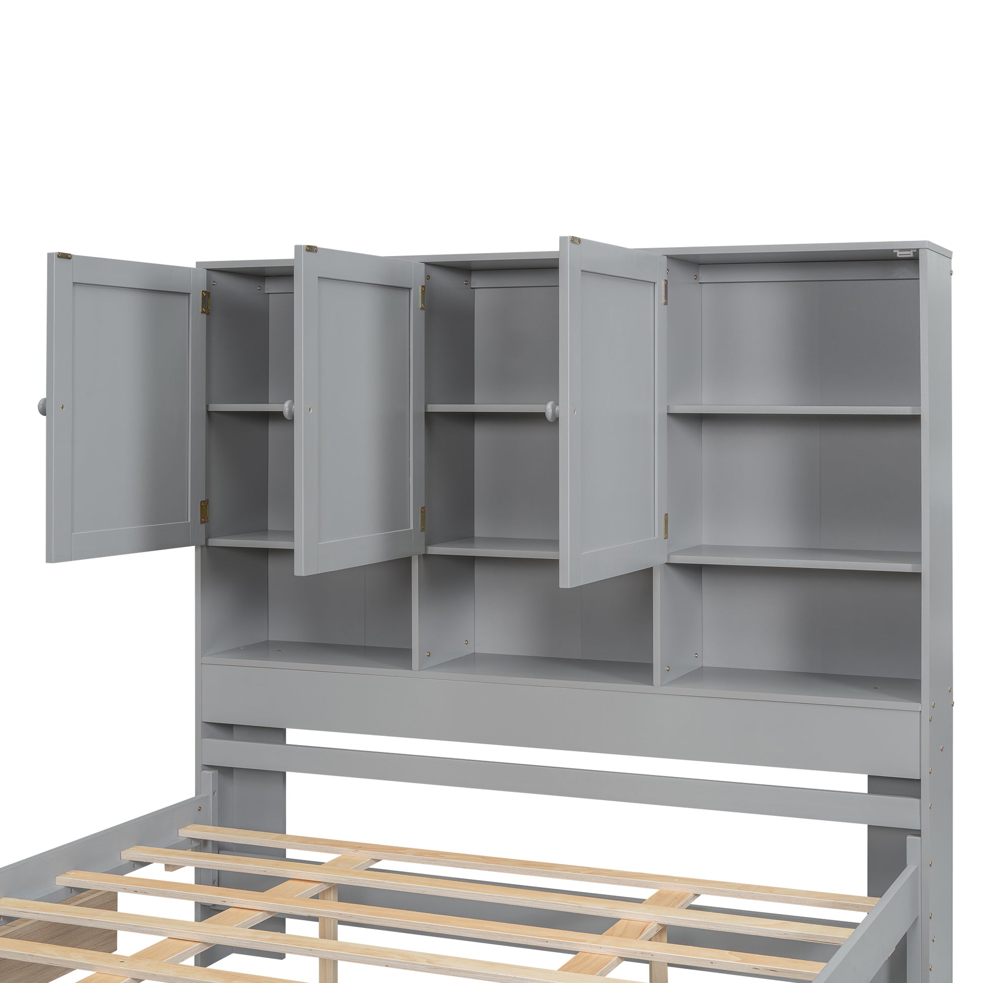 Queen Size Platform Bed With Storage Headboard And 4 Drawers, Gray Box Spring Not Required Queen Gray Wood Bedroom Bed Frame Solid Wood Mdf