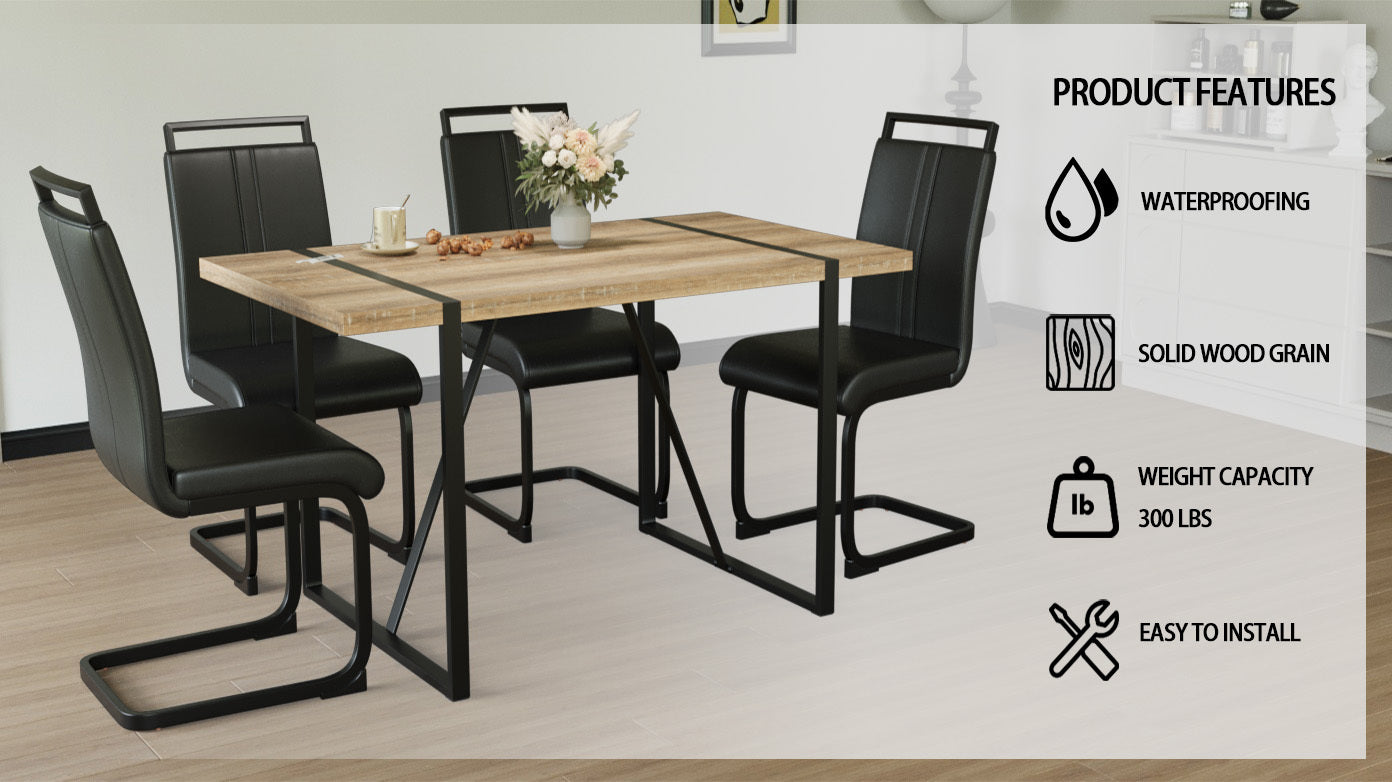 55 " Rural Industrial Rectangular Mdf Wood Dining Table Set And Pu Armless Dining Chair Set 4,Kitchen Black Metal Table Legs Dining Table And Chair Set Wood Seats 4 Mdf