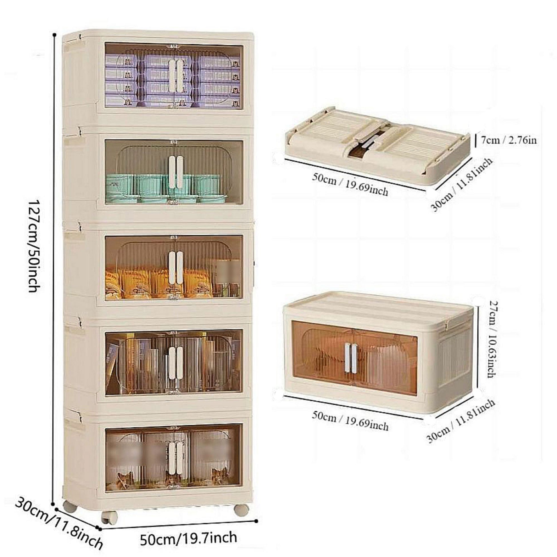 19.69" Side Wide Folding Storage Cabinet ,5 Tiers,19.69" 11.81" 50.00",Collapsible Storage Bins With Magnetic Door, Plastic Storage Cabinet With Wheels, Closet Organizers And Storage Containers Cream White Plastic