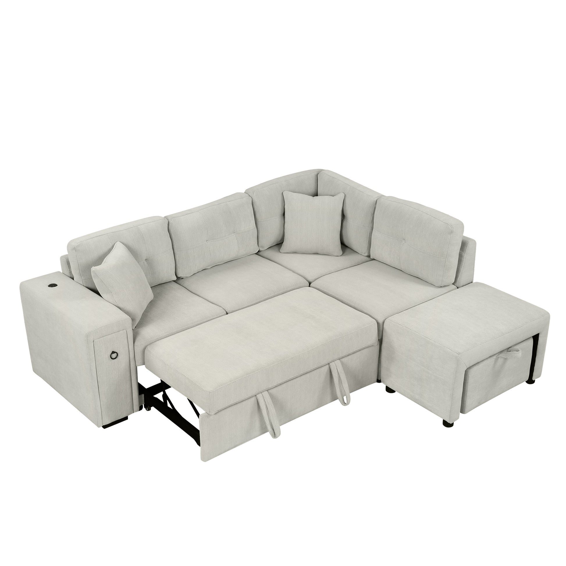 86.6" Sectional Sofa L Shaped Sofa Couch Pull Out Sofa Bed With A Movable Ottoman, Two Usb Ports And Two Cup Holders For Living Room, Gray Grey Foam Chenille 4 Seat