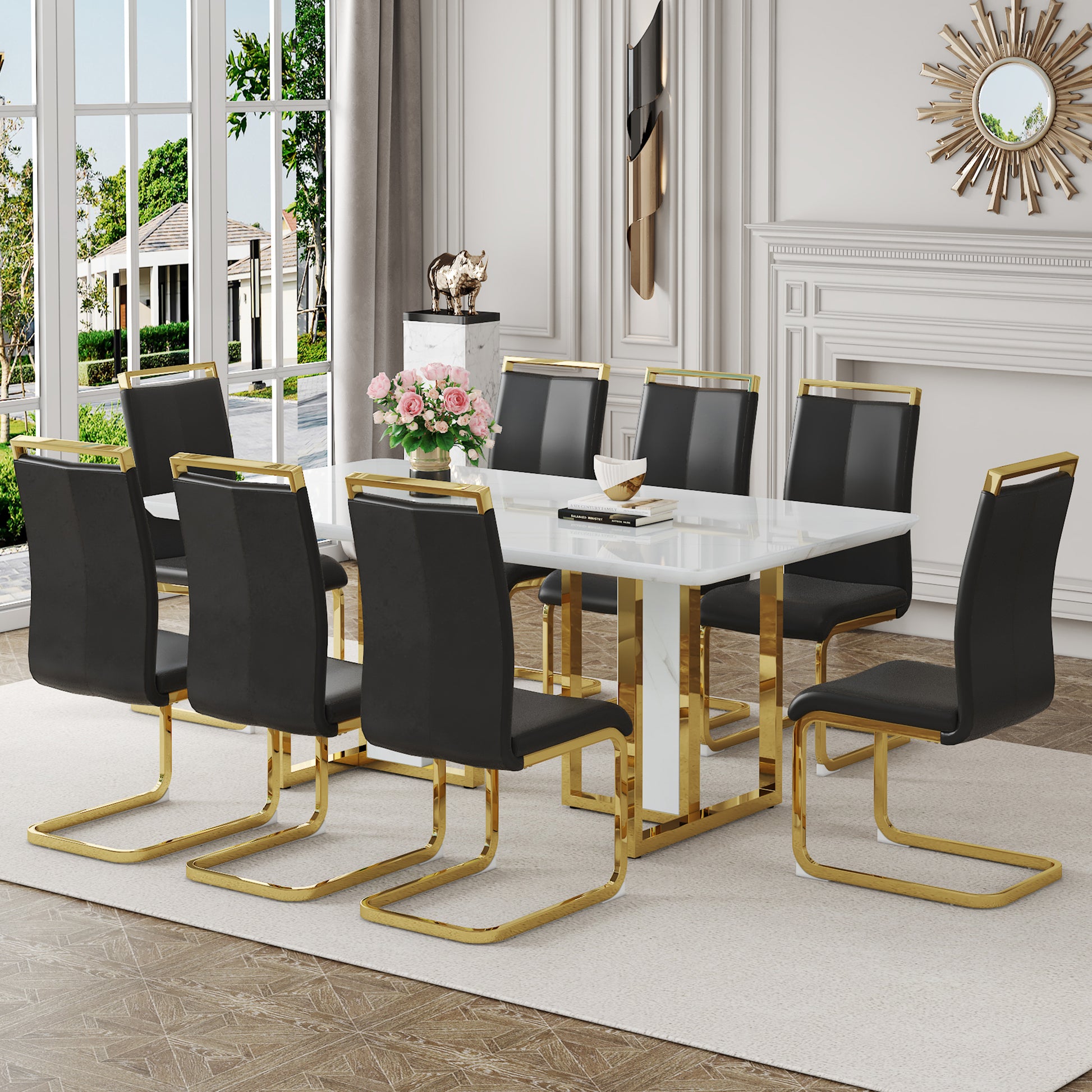 Table And Chair Set.67"X36" White Marble Pattern Mdf Dining Table Set With 8 Black Pu Chairs.Mdf Sticker,White Marble Pattern Sticker,Gold C Tube Chair Legs,Suitable For Kitchen,Dining Room,Etc.