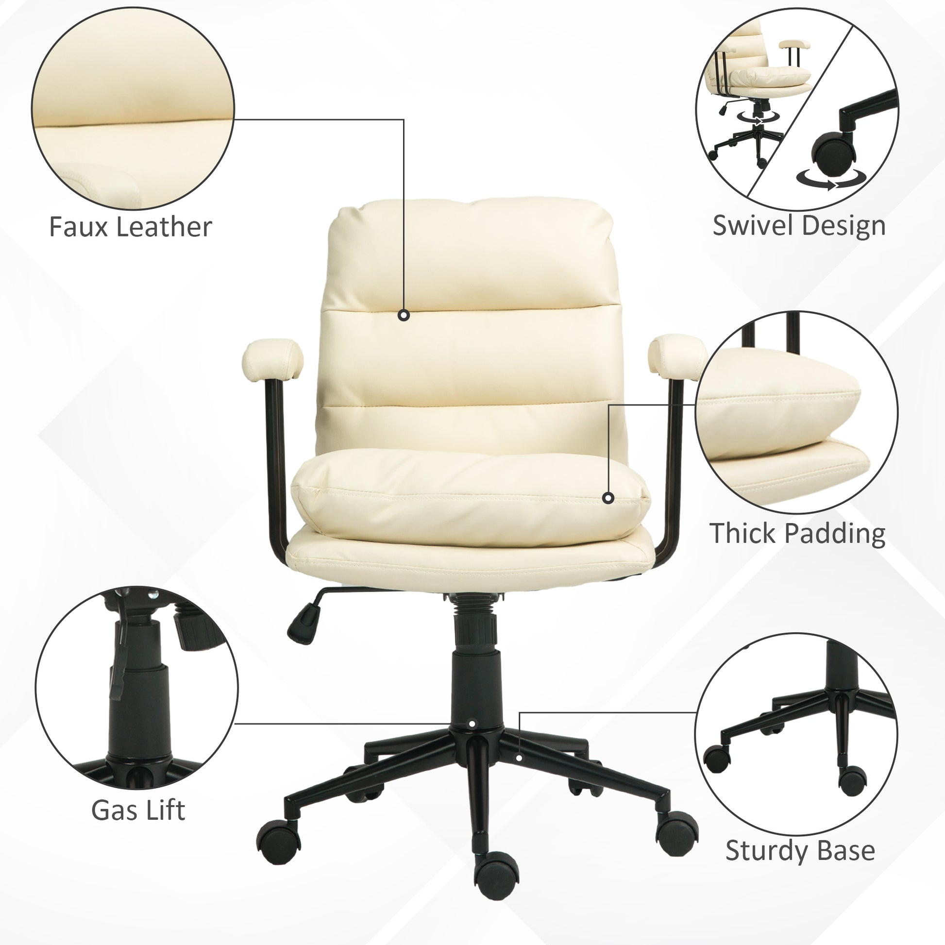 Homcom Pu Leather Office Chair, Office Desk Chair, Task Computer Chair With Swivel Wheels, Adjustable Height, Double Tier Padded, Beige Beige Faux Leather