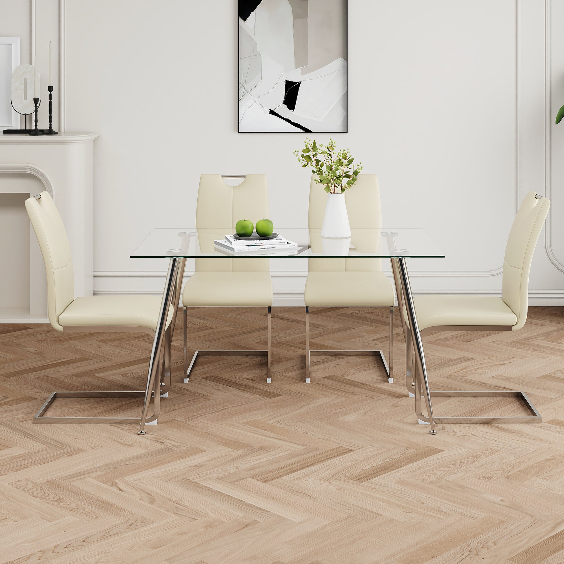 Modern Simple Rectangular Glass Dining Table, Solid Tempered Glass Tabletop, Electroplated Table Legs, Light Yellow Pu Dining Chair Set, Suitable For Restaurant Kitchen Use Set Of 5 Upholstered Chair Glass Light Yellow Seats 4 Metal Rectangular Dining