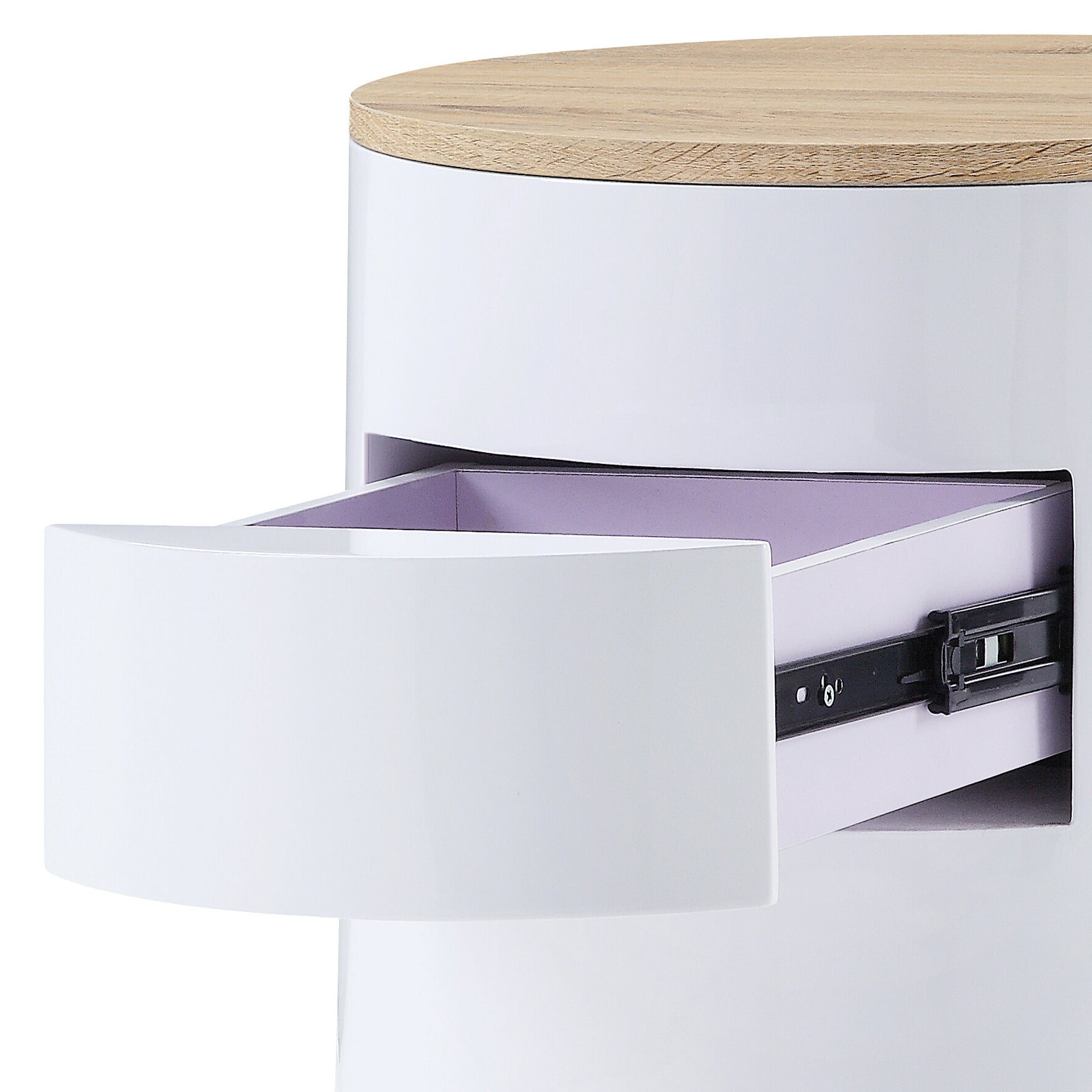 White High Gloss And Natural 1 Drawer Drum Nightstand White 1 Drawer Bedroom Round Contemporary Drawers White Wood