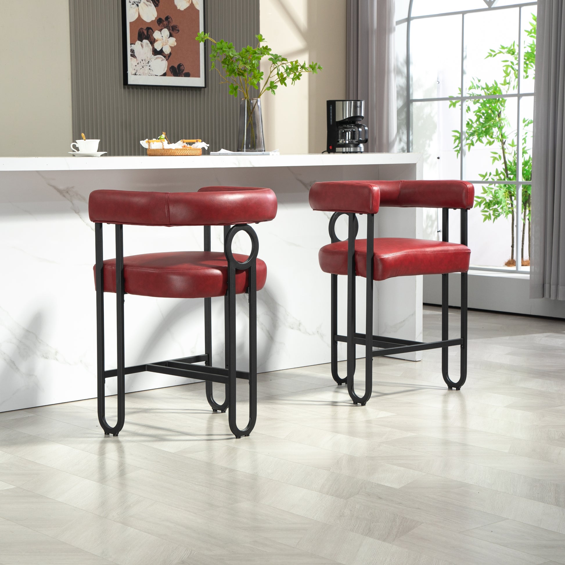 Coolmore Bar Stools Set Of 2, Modern Bar Stool With Back, Black Metal Frames, Upholstered Bar Stools For Kitchen Island, Pub, Club Wine Red Pu Wine Red Dining Room Foam Pu Leather