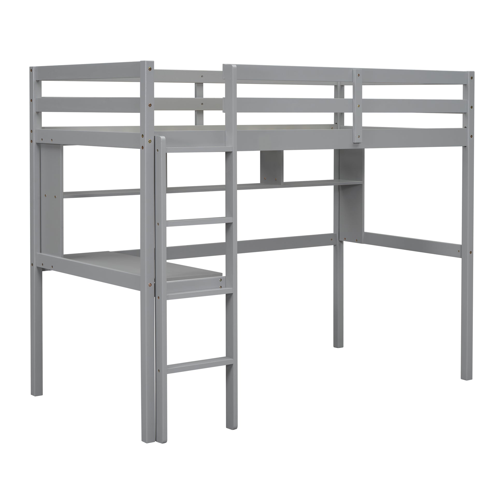 Twin Size Loft Bed With Desk And Shelves, Safety Guardrail And Ladder,Grey Twin Grey Pine