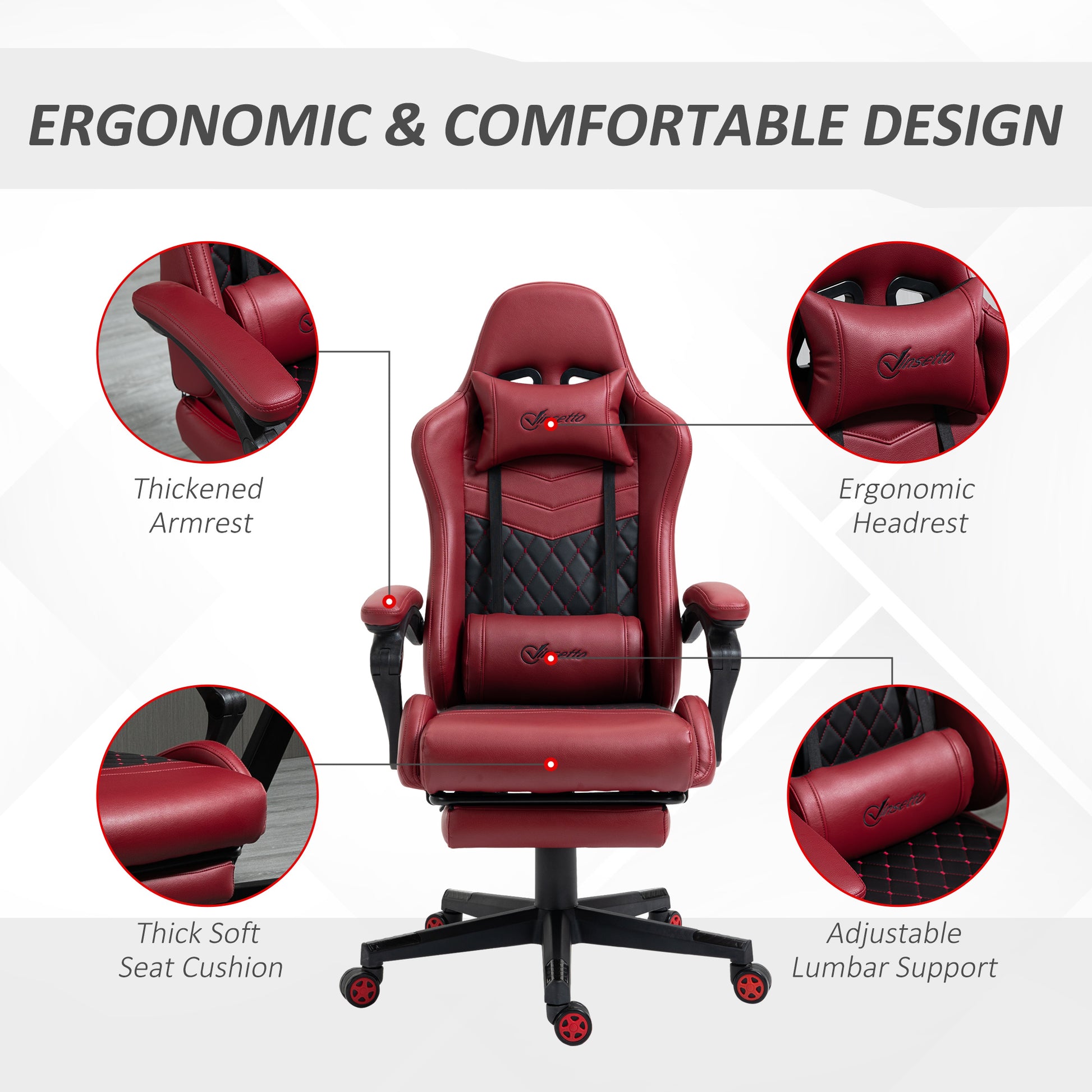 Vinsetto Racing Gaming Chair Diamond Pu Leather Office Gamer Chair High Back Swivel Recliner With Footrest, Lumbar Support, Adjustable Height, Red Red Pu