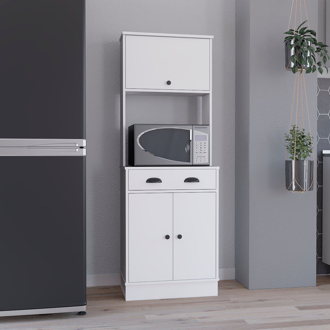 Apex Kitchen Pantry 66.3" H With Drawer, 2 Cabinets, And Microwave Stand, White White Solid Wood Mdf Engineered Wood