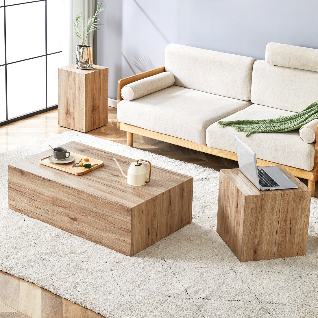 Modern Three Piece Coffee Table.Elevate Your Living Space With This Modern Mdf Coffee Table That Showcases Smooth, Light Wood Color Texture Patterns. Stylish Design. Wood Mdf