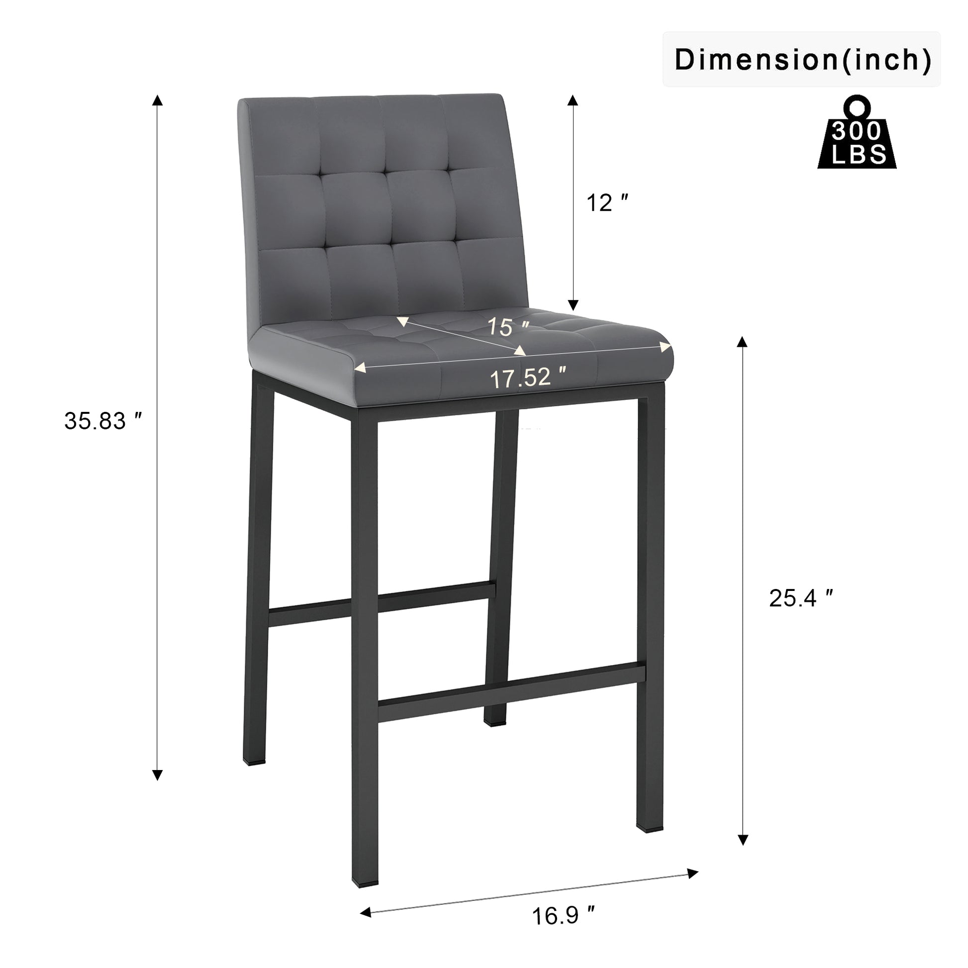 Modern Design High Stool Metal Legs Kitchen Restaurant Gray Pu Bar Chair, Black Spray Painted Chair Legs, Suitable For Bar Cafe Restaurant Set Of 2 Metal Gray Pu Pu