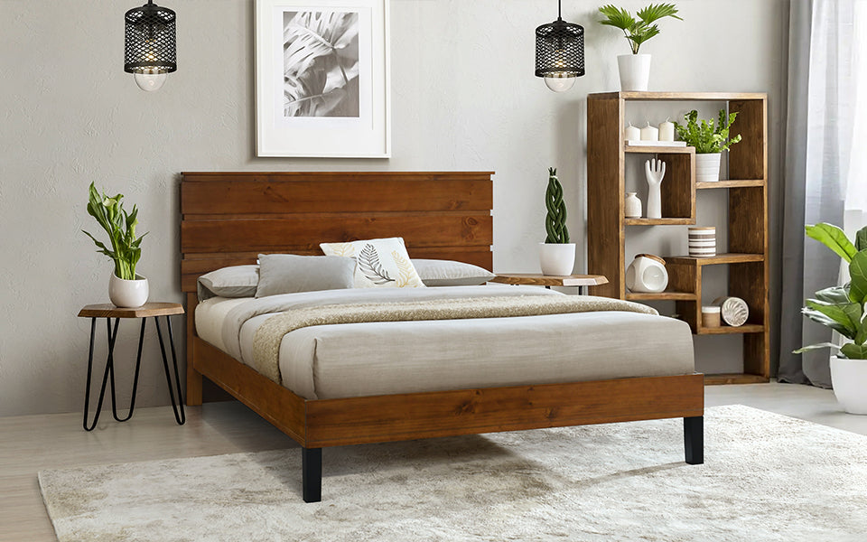 Mid Century Modern Solid Wood Bed Frame King Size Platform Bed With Three Piece Headboard Design, No Box Spring Needed, Brown King Brown Pine