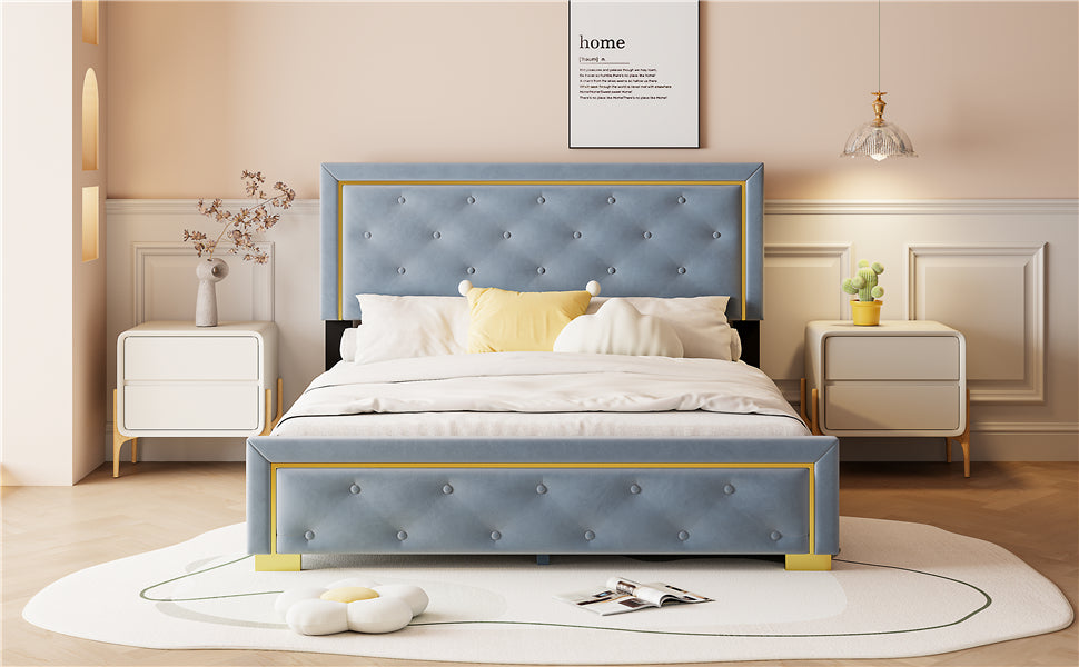 Queen Size Upholstered Platform Bed With Pull Point Headboard And Metal Wire Frame At The Head And Foot Of The Bed, Metal Feet, Velvet, Gray Queen Gray Mdf Lvl