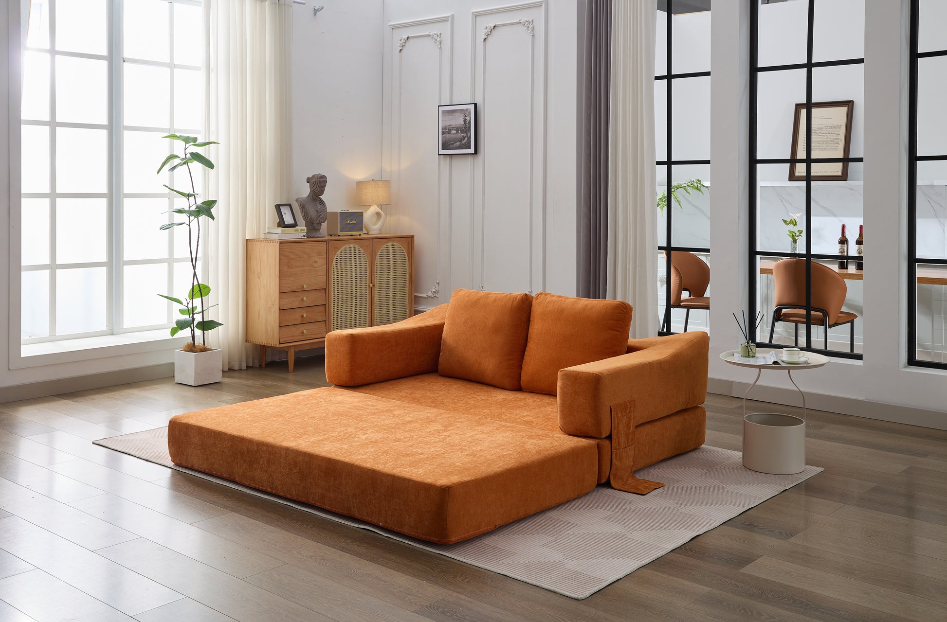 Modern Minimalist Sofa, Fold Out Sofa Bed, Convertible Chair Floor Couch & Sleeping Mattress For Living Room, Bedroom, Apartment, Removable Backrest, Orange Orange Chenille Soft Vintage Chenille 2 Seat