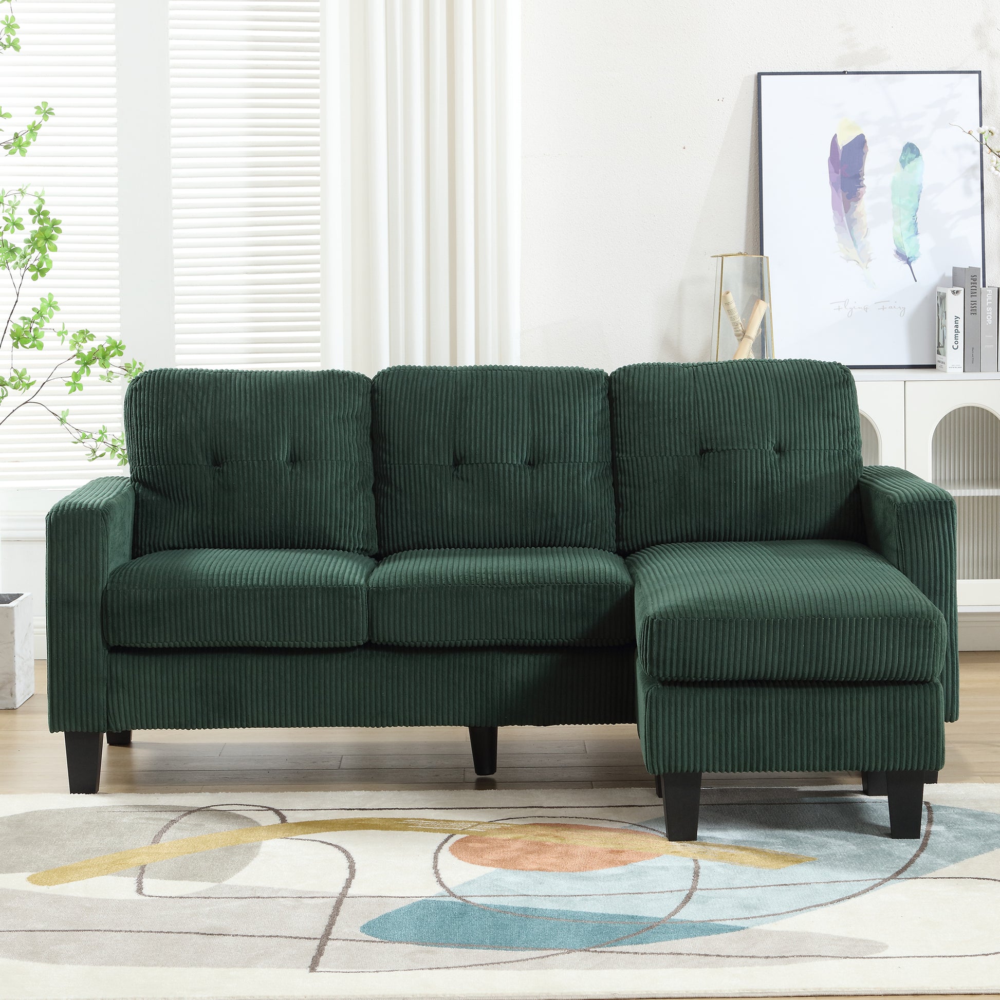 Velvet Sectional Couchl Shaped Sofa With Ottoman For Small Apartment Emerald Velvet 3 Seat