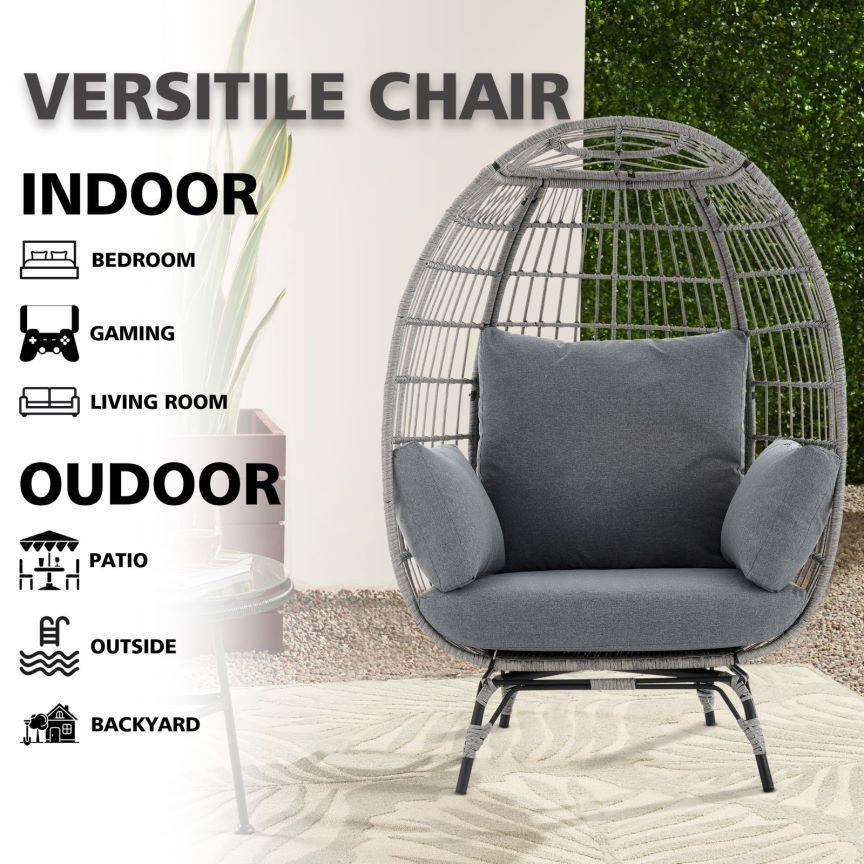 Large Outdoor Egg Chair, Indoor Patio Wicker Basket Chair With Cushion, Rattan Egg Chairs For Bedroom, Outside, Balcony,Grey Grey Pe Rattan Iron