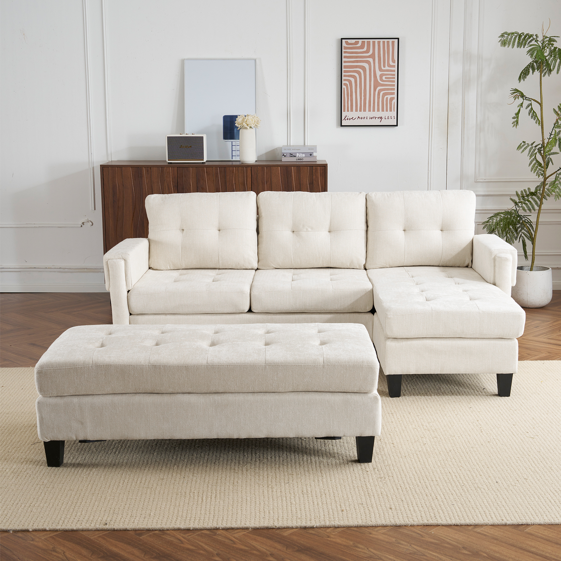 83.4" L Shaped Sofa Sectional Couch Sofa Bed With Two Usb Ports, A Movable Ottoman And A Reversible Chaise Lounge For Living Room, Beige Beige Foam Chenille 5 Seat