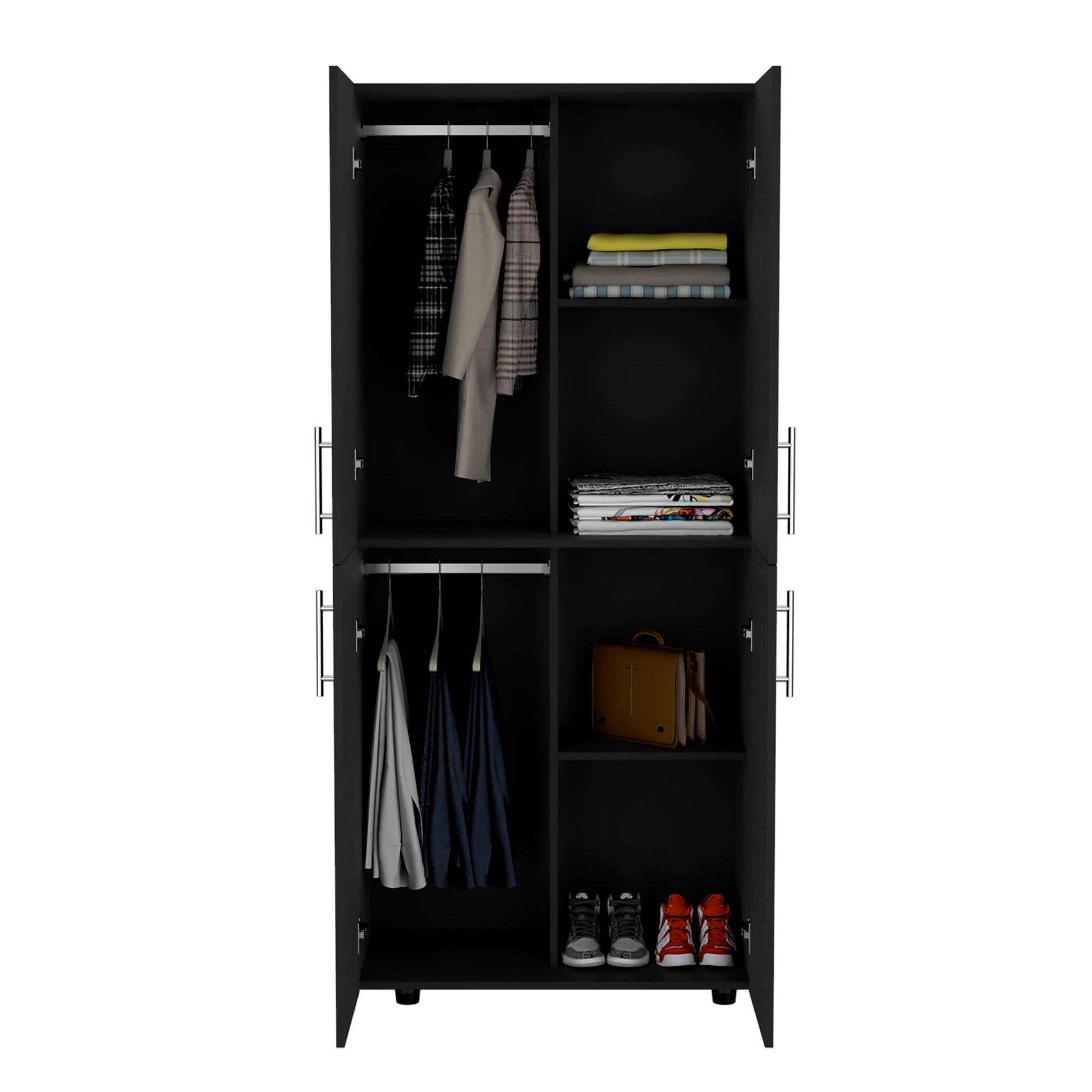 Hazel 70" High Four Door Armoire Wardrove Closet Cabinet, Six Shelves And Two Hanging Rods, Bedroom Clothes Storage Cabinet Organizer Black Bedroom Modern Particle Board