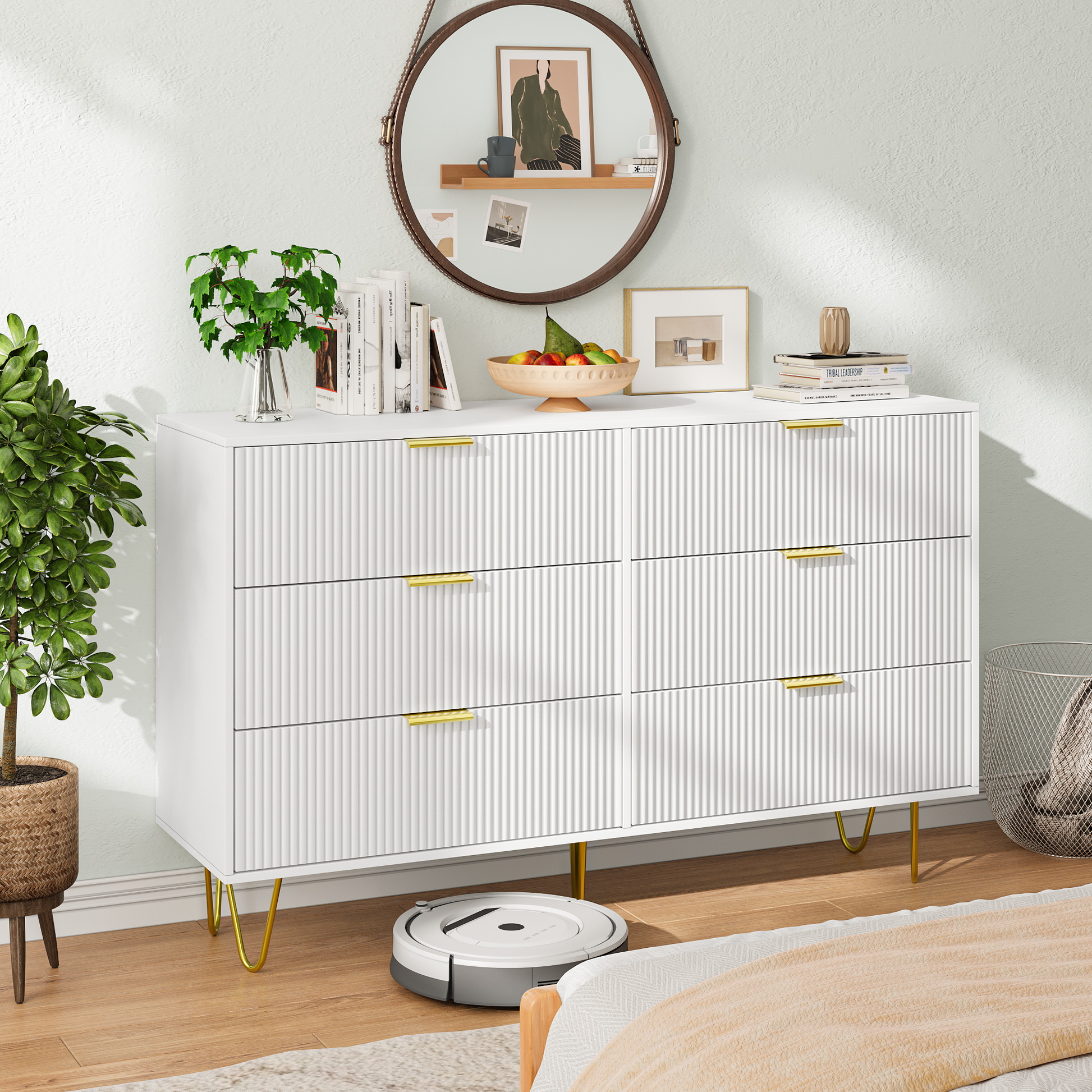 Modern White 6 Drawers For Bedroom,Small Size Wooden Drawers With Gold Handles, Chest Dresser With Deep Drawers For Living Room White Bedroom Mdf