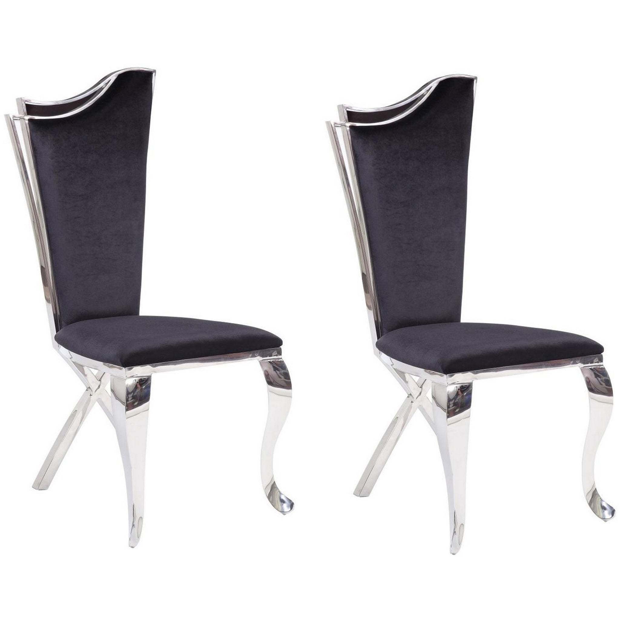 Fabric Upholstered Metal Side Chairs With Asymmetrical Backrest, Silver And Black, Set Of Two Black And Silver Wood Fabric