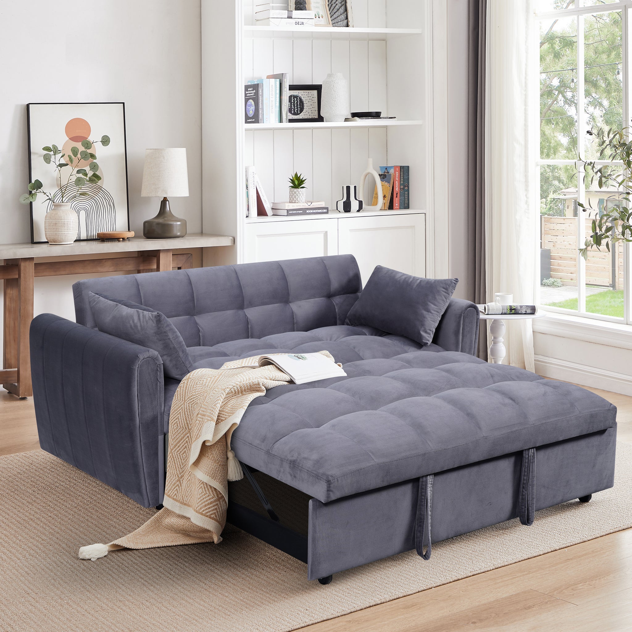 64.9 "3 In 1 Foldable Large Size Sofa Bed, Modern Velvet Double Sofa, Sofa Bed With Adjustable Back, Storage Bag And Pillow, Suitable For Living Room, Bedroom Dark Grey Light Brown Wood Primary