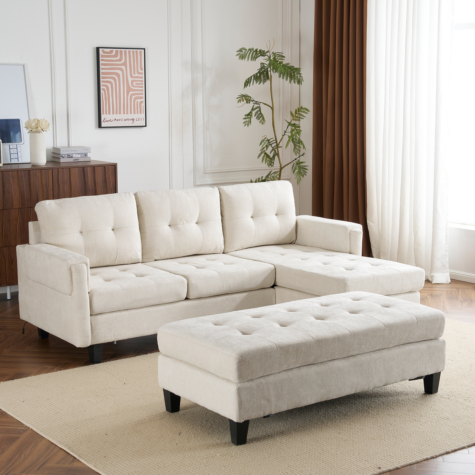 83.4" L Shaped Sofa Sectional Couch Sofa Bed With Two Usb Ports, A Movable Ottoman And A Reversible Chaise Lounge For Living Room, Beige Beige Foam Chenille 5 Seat