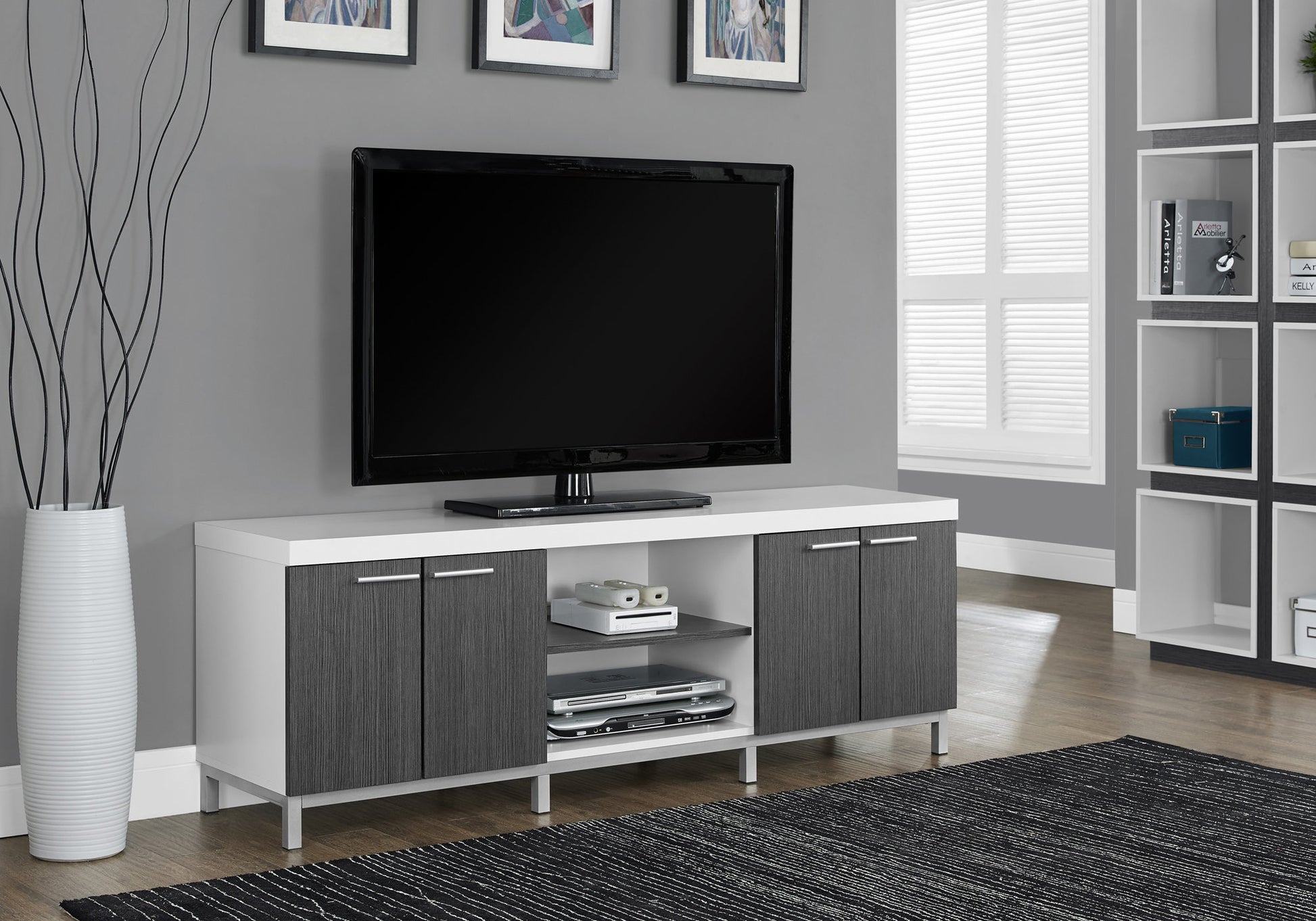 Tv Stand, 60 Inch, Console, Media Entertainment Center, Storage Cabinet, Living Room, Bedroom, White And Grey Laminate, Contemporary, Modern White 80 89 Inches Particle Board