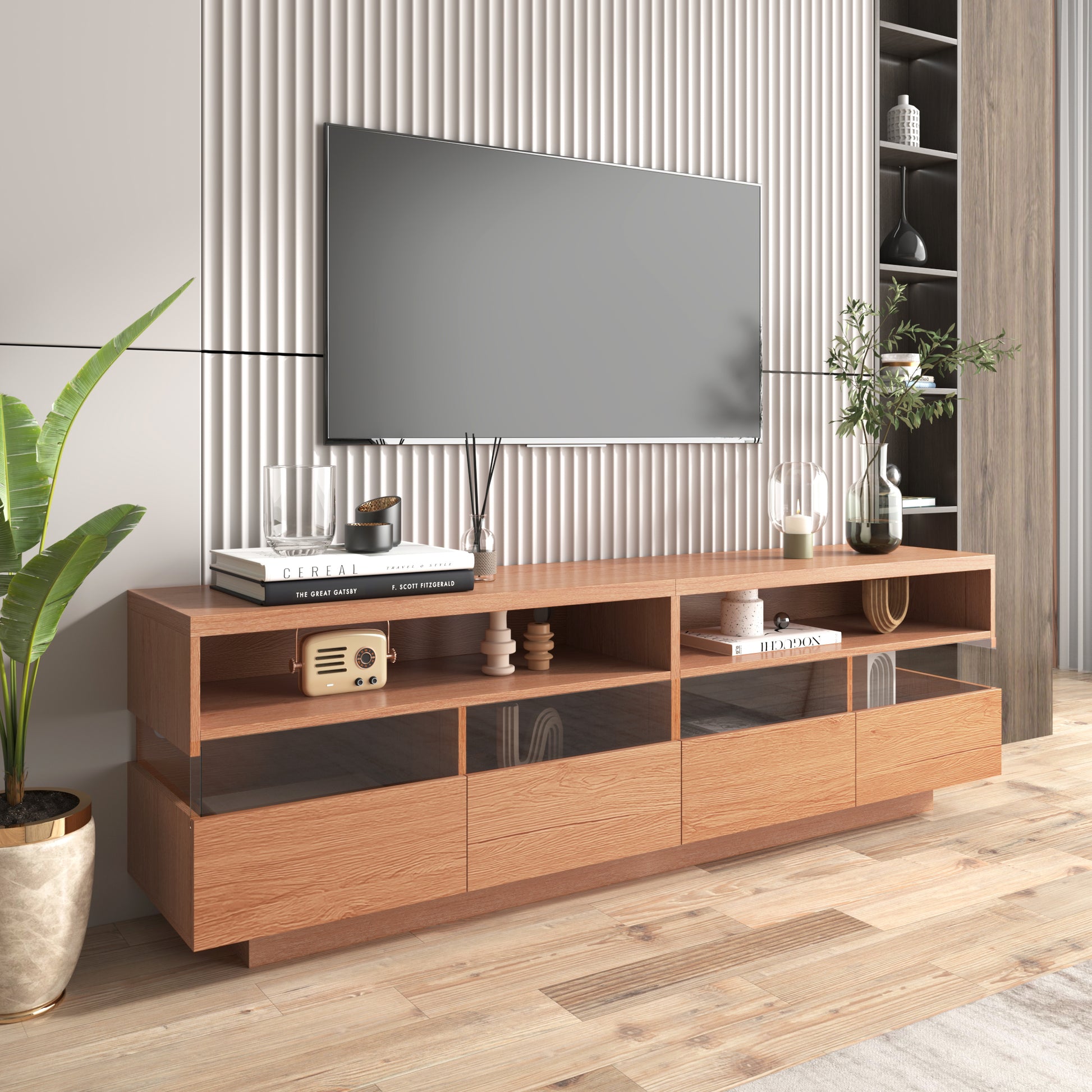 Modern Tv With 4 Drawers& 2 Open Cabinets, Media Console Table For Tvs Up To 75'', Entertainment Center With Acrylic Transparent Storage Space For Living Room, Bedroom, Home Theatre Wood Red Primary Living Space 70 Inches 60 69 Inches 70 Inches Particle