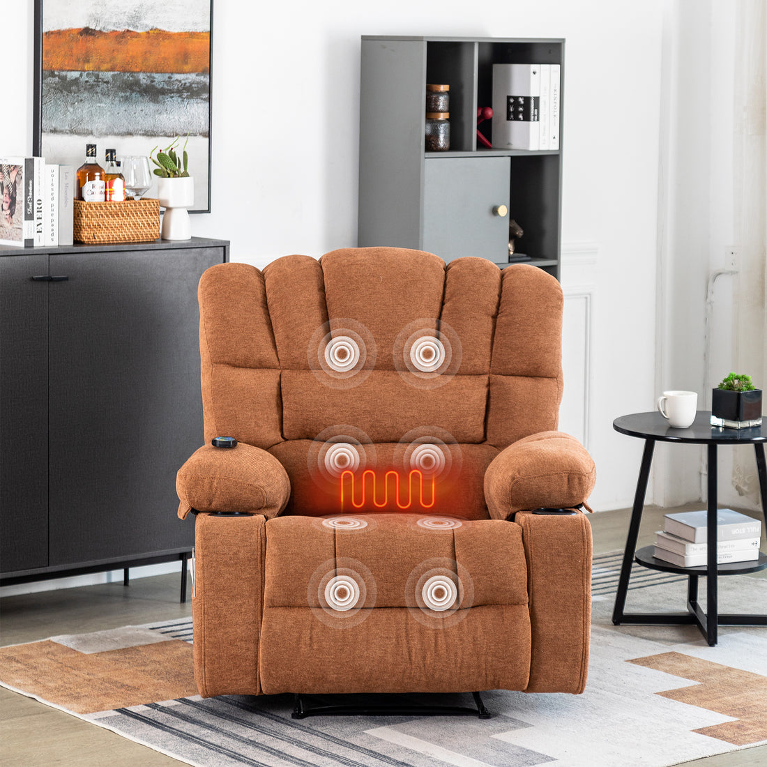 Massage Recliner Chair Sofa With Heating Vibration Brown Chenille Manual Handle Metal Primary Living Space Soft Cushion Back American Design,American Traditional,Classic,Minimalist,Modern Pillow Top Arms Foam Wood Metal