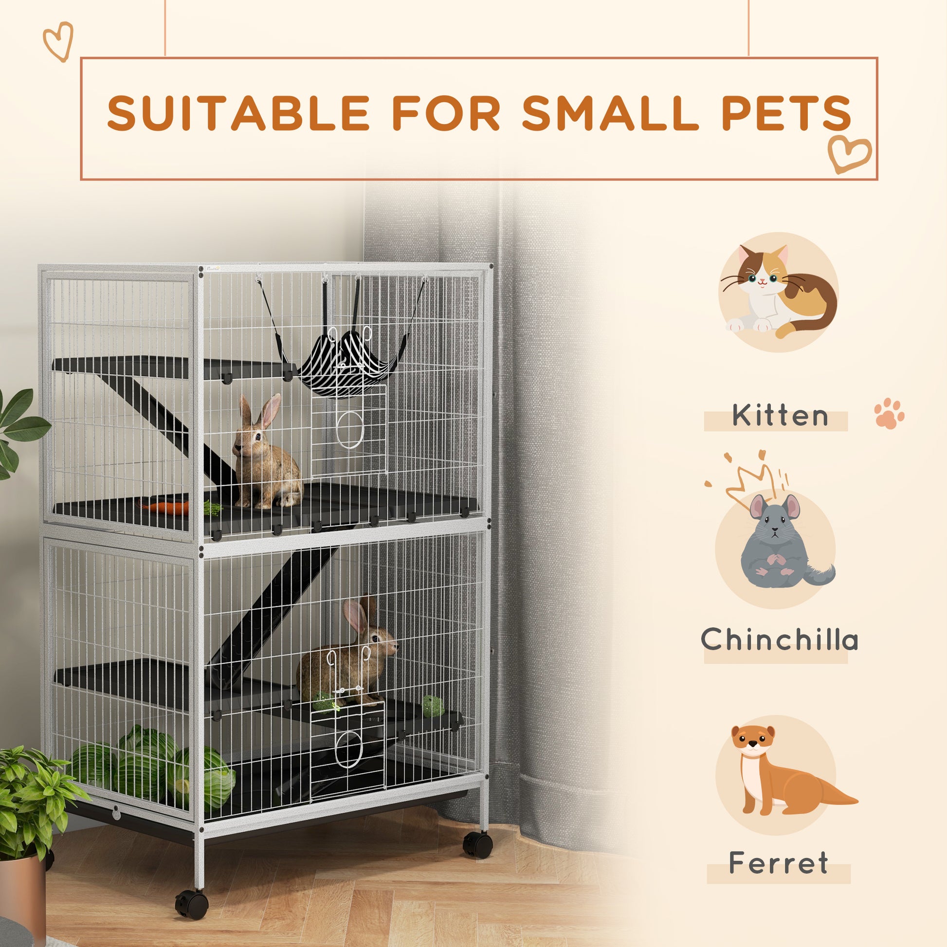 Pawhut 50" H 5 Tier Small Animal Cage, Ferret Cage, Large Chinchilla Cage With Hammock Accessory Heavy Duty Steel Wire, Small Animal Habitat With 4 Doors, Removable Tray, White White Steel