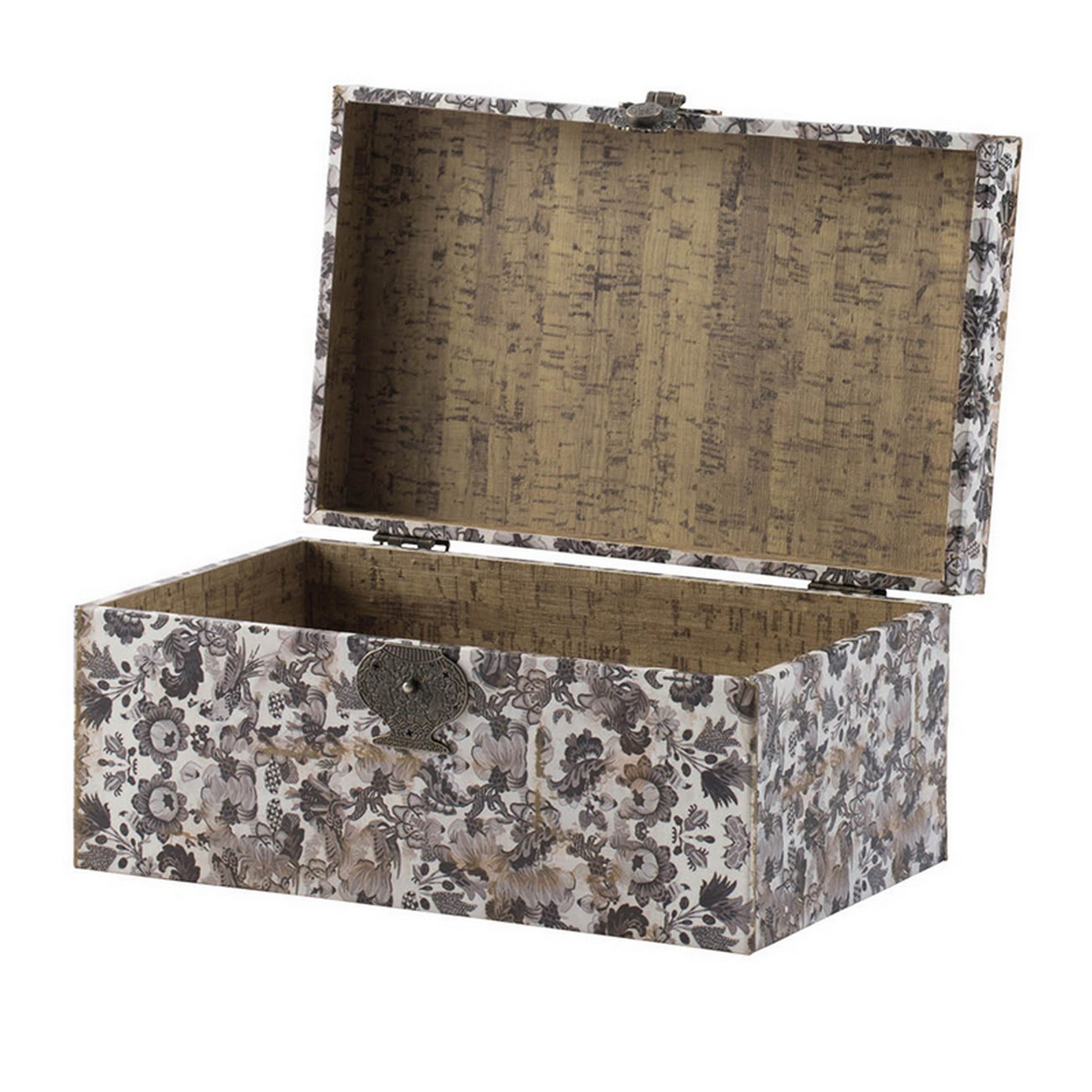 Set Of 3 Decorative Boxes, Mdf Frame, Black And Gray, Floral Printing Black Grey Mdf