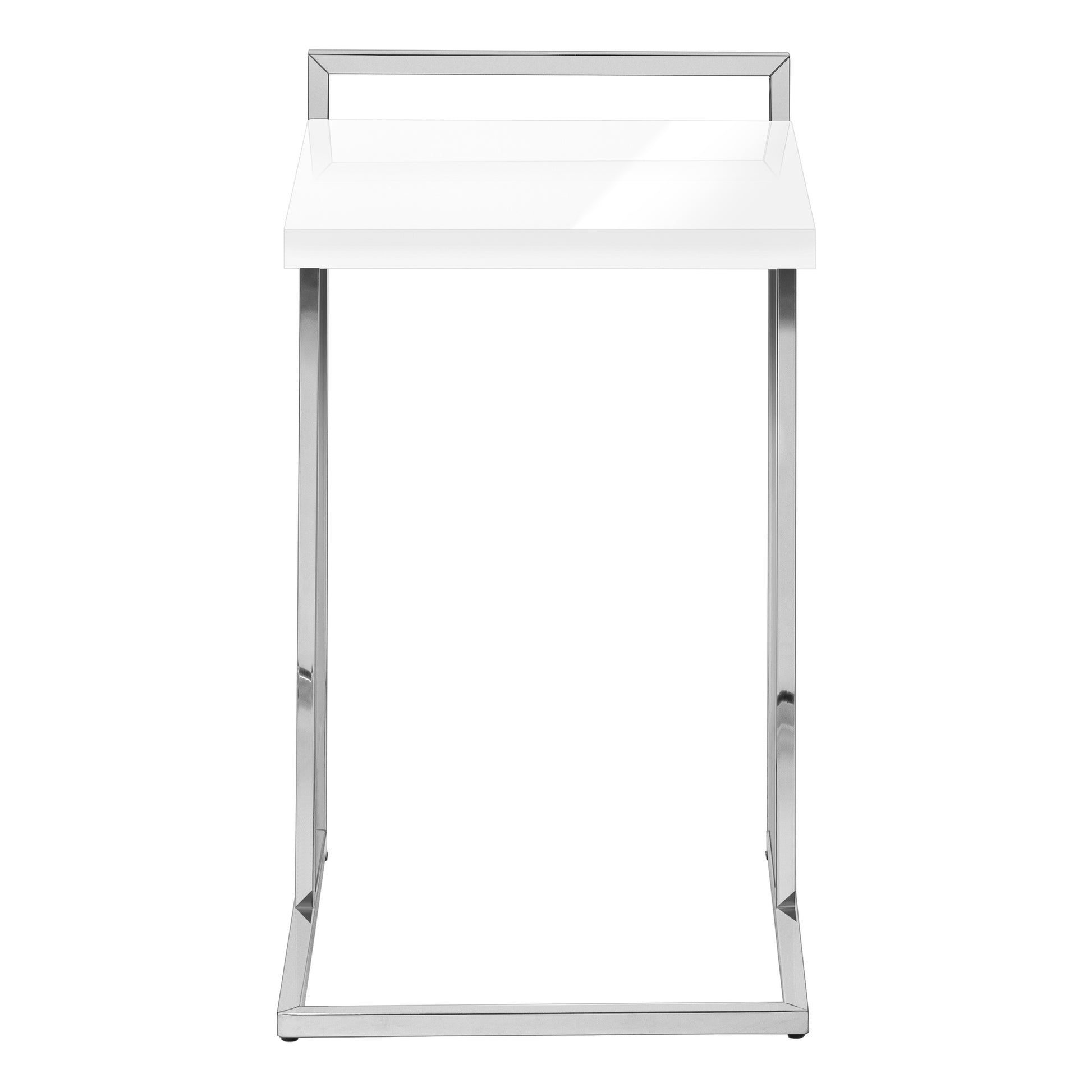 Accent Table, C Shaped, End, Side, Snack, Living Room, Bedroom, Glossy White Laminate, Chrome Metal, Contemporary, Modern White Particle Board