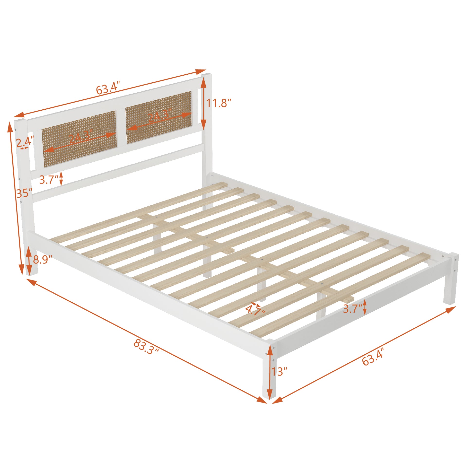 3 Pieces Bedroom Sets Queen Size Wooden Platform Bed With Natural Rattan Headboard, Nightstands Set Of 2 With Rattan Woven Surfaces And Three Drawers For Bedroom, White White Particle Board